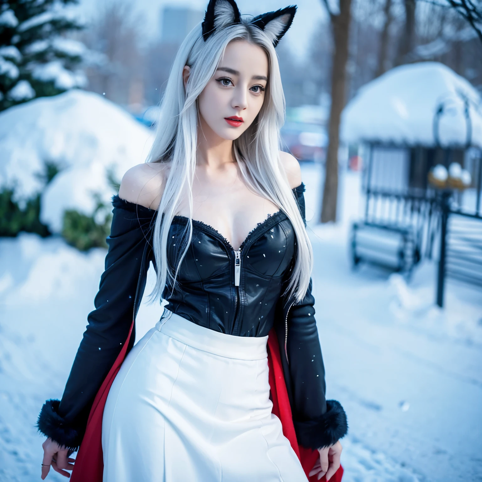 ((top quality、8k、Masterpiece:1.3))、Extremely delicate and beautiful girl,huge breasts,bigger breasts,amazing breast size,G cup,Very white skin,fiery red lips,Waist is very thin,Thighs are very thin,White and smooth skin,Smooth and fair skin,flawless skin,Fair and shiny skin,cold white skin,The camera focuses on the chest,close shot,Big buttocks,fox ears,It was snowing heavily,Snow covers the ground,long skirt,white hair,The hair is white