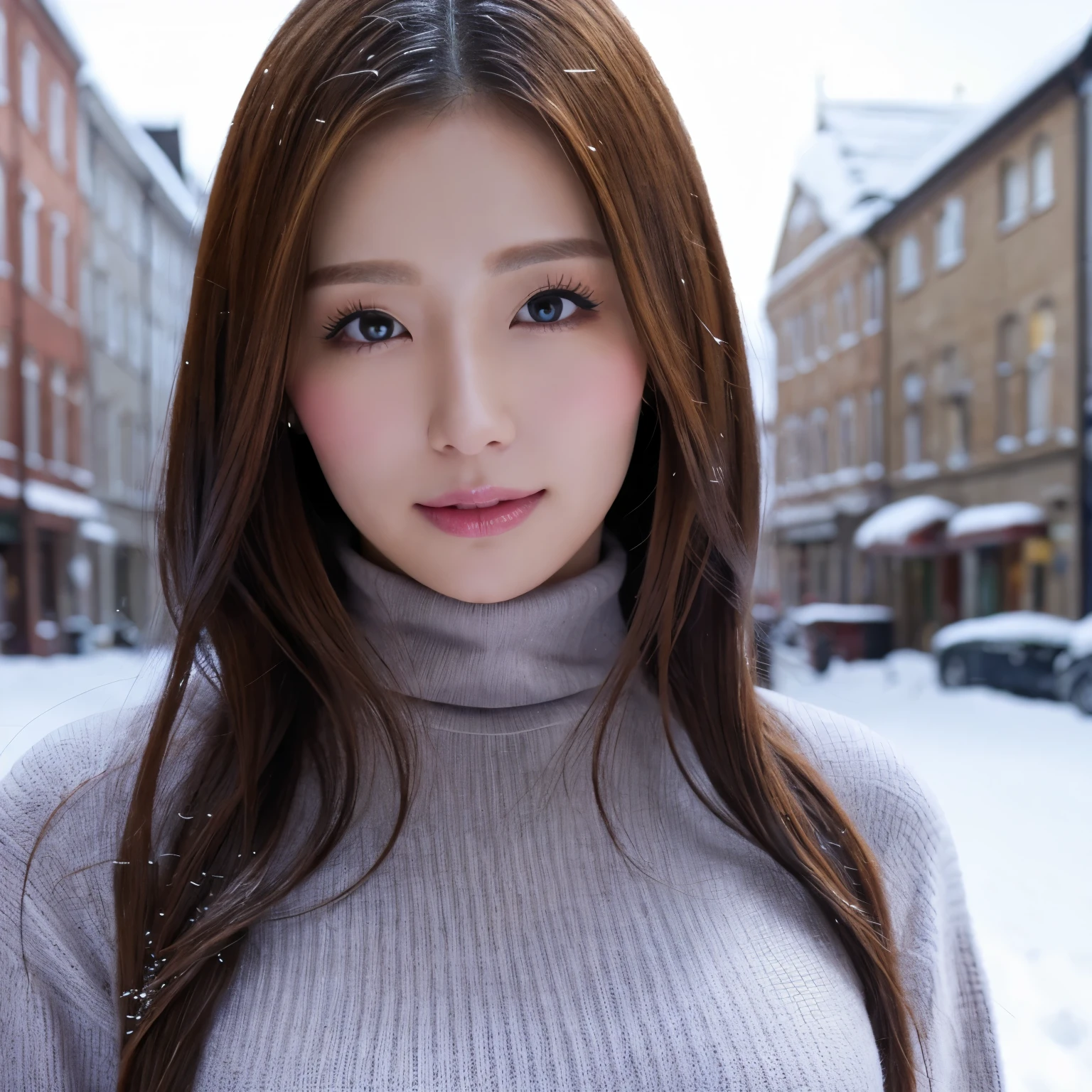 (table top、highest quality、8k、Award-winning work、ultra high resolution)、one beautiful woman、(Turtleneck long knitted sweater dress and thick fur coat:1.2)、Exactly、brown hair、(The most natural and accurate pink long scarf:1.2)、Very long wavy hair、epic movie lighting、(romantic love feeling:1.1)、(The most romantic and moody atmosphere:1.1)、winter、snow scene、It's snowing、Norwegian city covered in snow、look at me、(Big breasts that are about to explode:1.1)、(Most emphasize the body line:1.1)、very long hair、blurred background、accurate anatomy、ultra high definition hair、ultra high resolutionの完璧な美しい歯、Ultra high definition beauty face、ultra high definition hair、Super high-definition sparkling eyes、輝くultra high resolutionの美肌、ultra high resolutionの艶やかな唇、(close up of face:1.3)