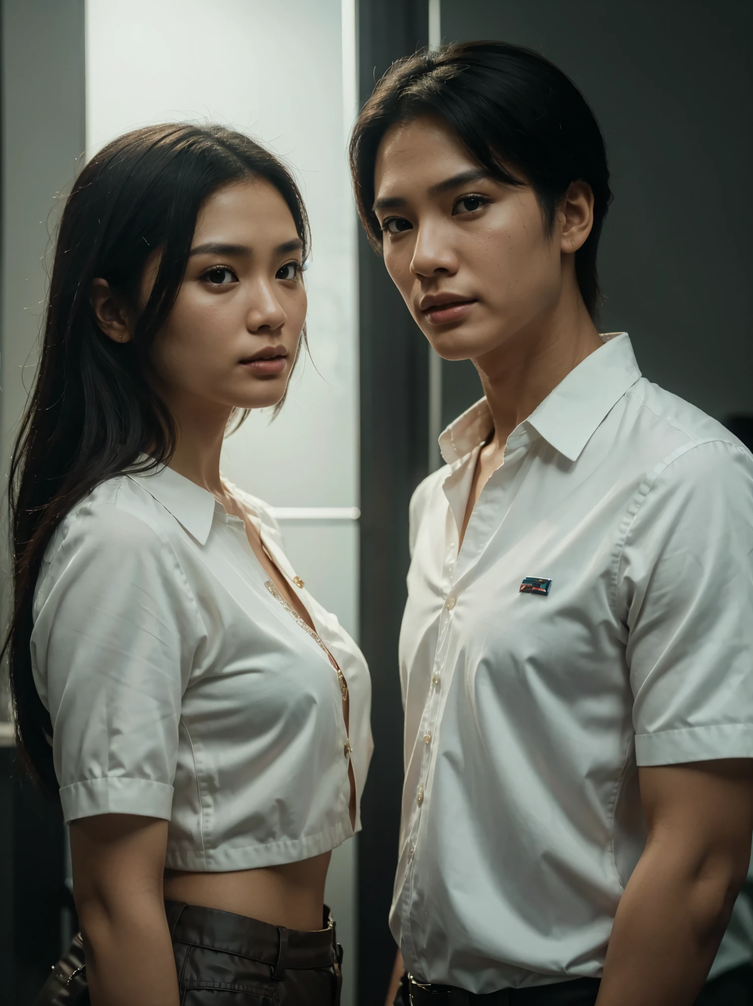 an indonesian man and an indonesian woman standing next to each other, an image, inspired by Adam Dario Keel, which is trending in the cg community, beautiful young Korean woman, blouse shirt, movie screencap, model elisajes from acquamodels. best quality, realistic, photorealistic, (intricate detail: 1.2), (fine detail), (cinematic light), clear lines, sharp focus, realistic face, detailed face, unity 8k wallpaper, very high resolution, (photorealistic: 1.4), He was looking at the audience