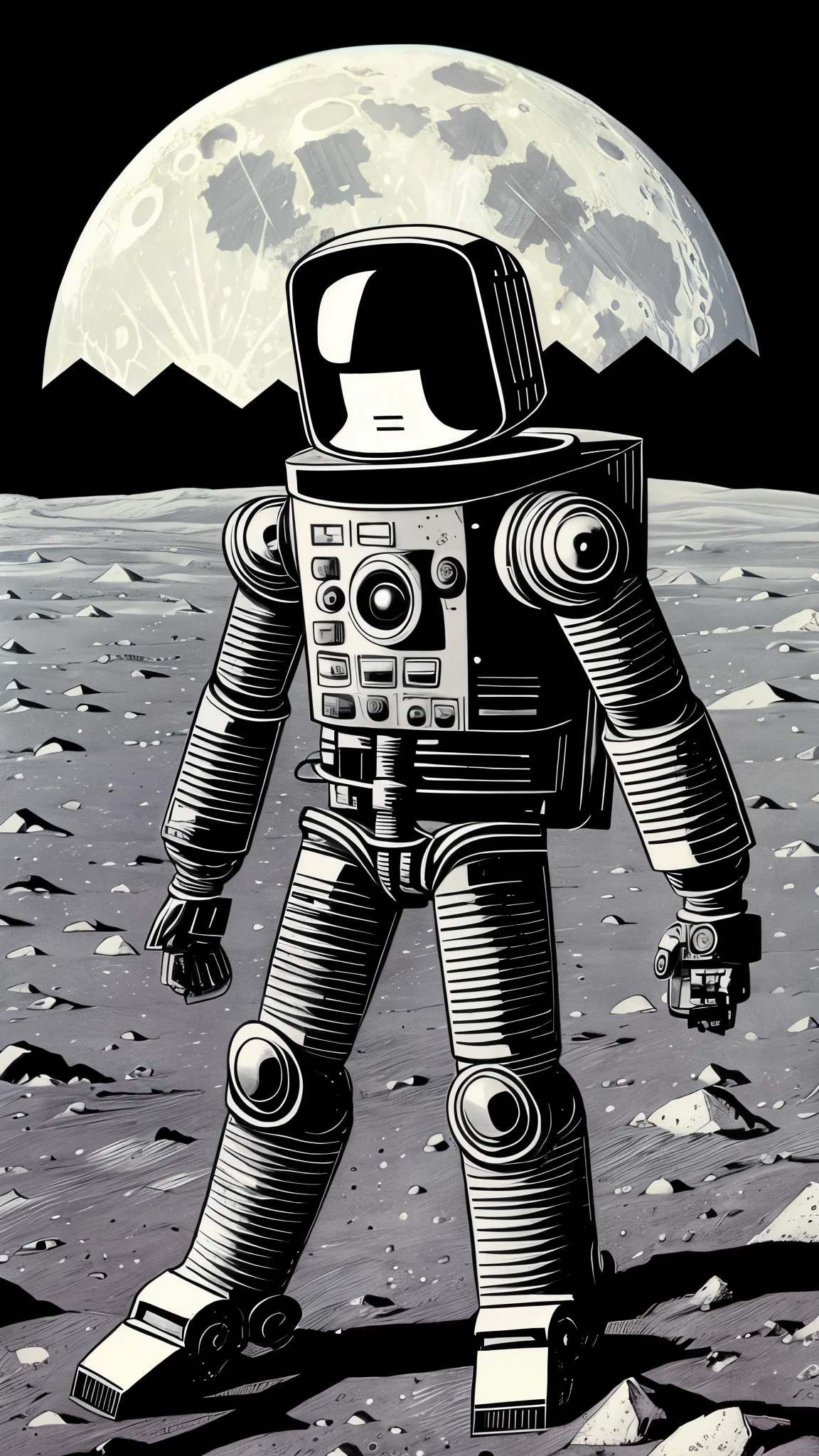robot on the moon, vintage, cartoon