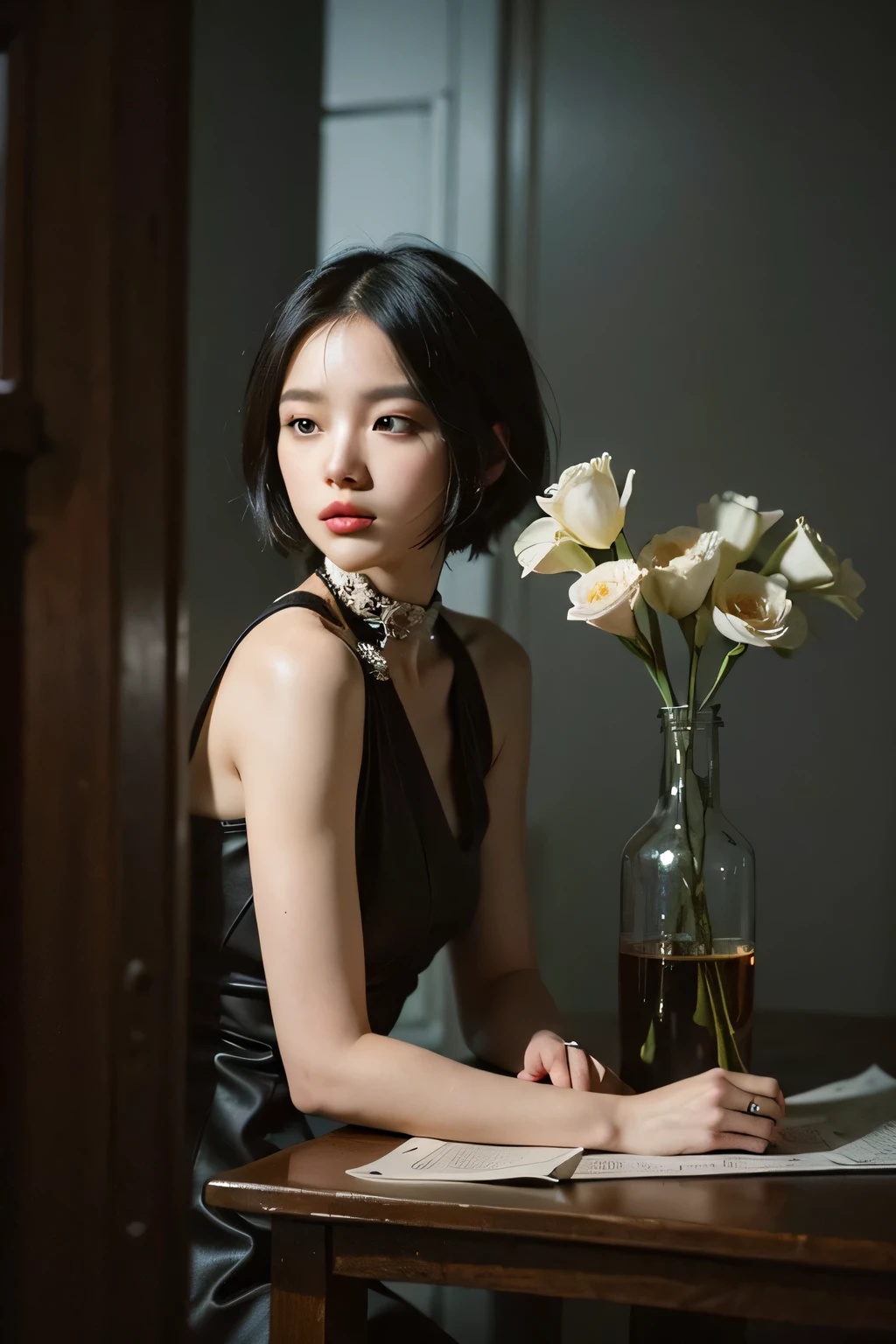 (Best quality, 8k, 32k, Masterpiece, UHD:1.2) "Generate a captivating artwork featuring a young Japanese girl model with short, sleek black hair styled in a chic bob haircut. Envision her bathed in dramatic cinematic lighting, creating an atmosphere of allure and mystery. Emphasize a romantic aesthetic vibe, showcasing the model in a poised and elegant pose that evokes a sense of intimacy and sophistication. Utilize warm and soft tones to enhance the romantic ambiance, and consider incorporating elements like flowing fabrics or flowers to add a touch of ethereal beauty. Capture the essence of romance and beauty through the model's expression, the play of light and shadows, and the overall aesthetic, creating a visually compelling and emotionally resonant piece." (perfect eyes), flawless skin, flawless face, cinematic, tight body, ((well-proportion female hands)), ((female hands with five digits)) ((Body is well proportioned)), ((chic bob haircut)),