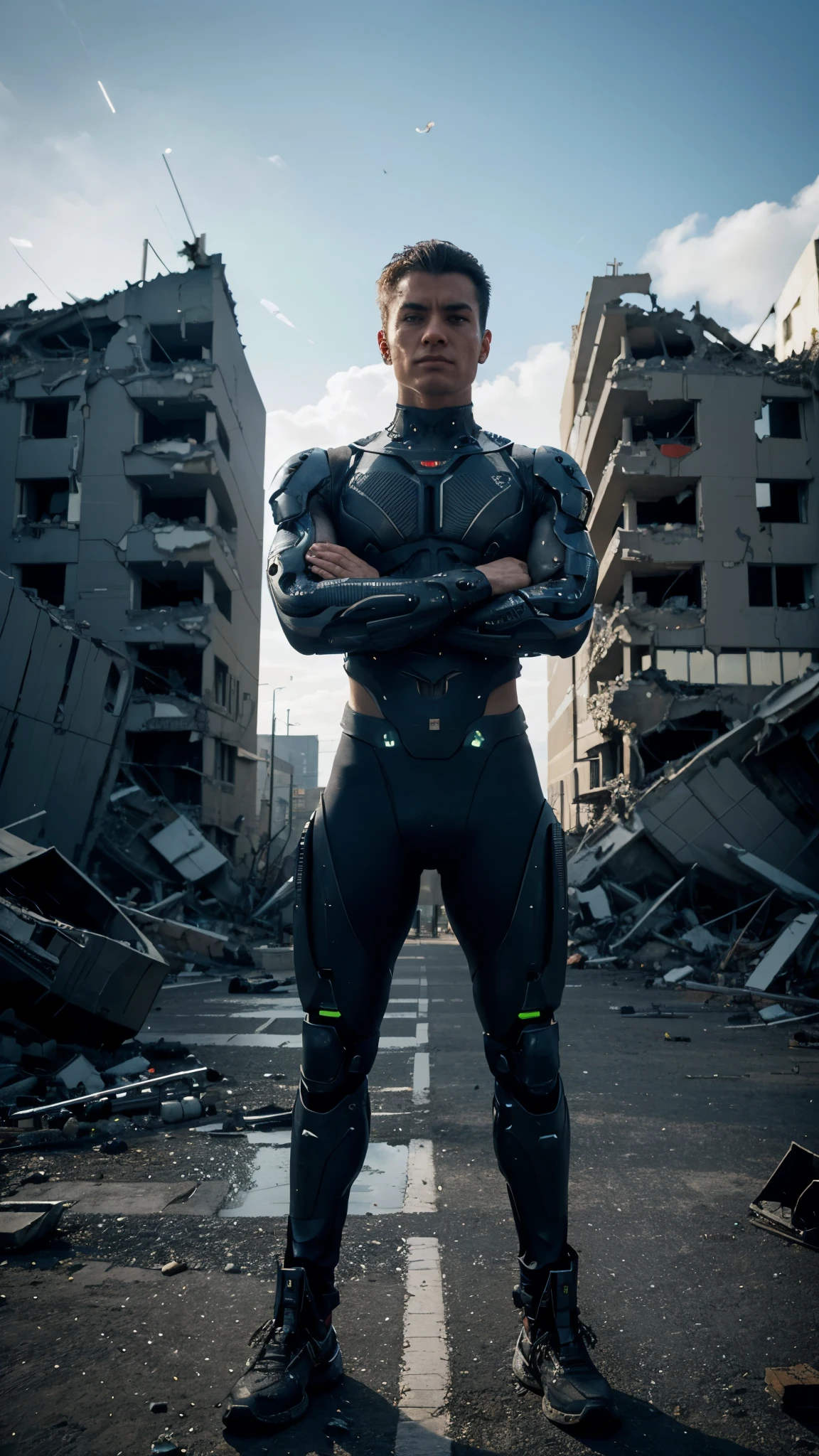 A highly detailed Cyborg, arms crossed in front of a destroyed city, sporting futuristic details on his bionic body. (An extremely detailed cyborg with crossed arms in front of a destroyed city, with futuristic details on their bionic body.)