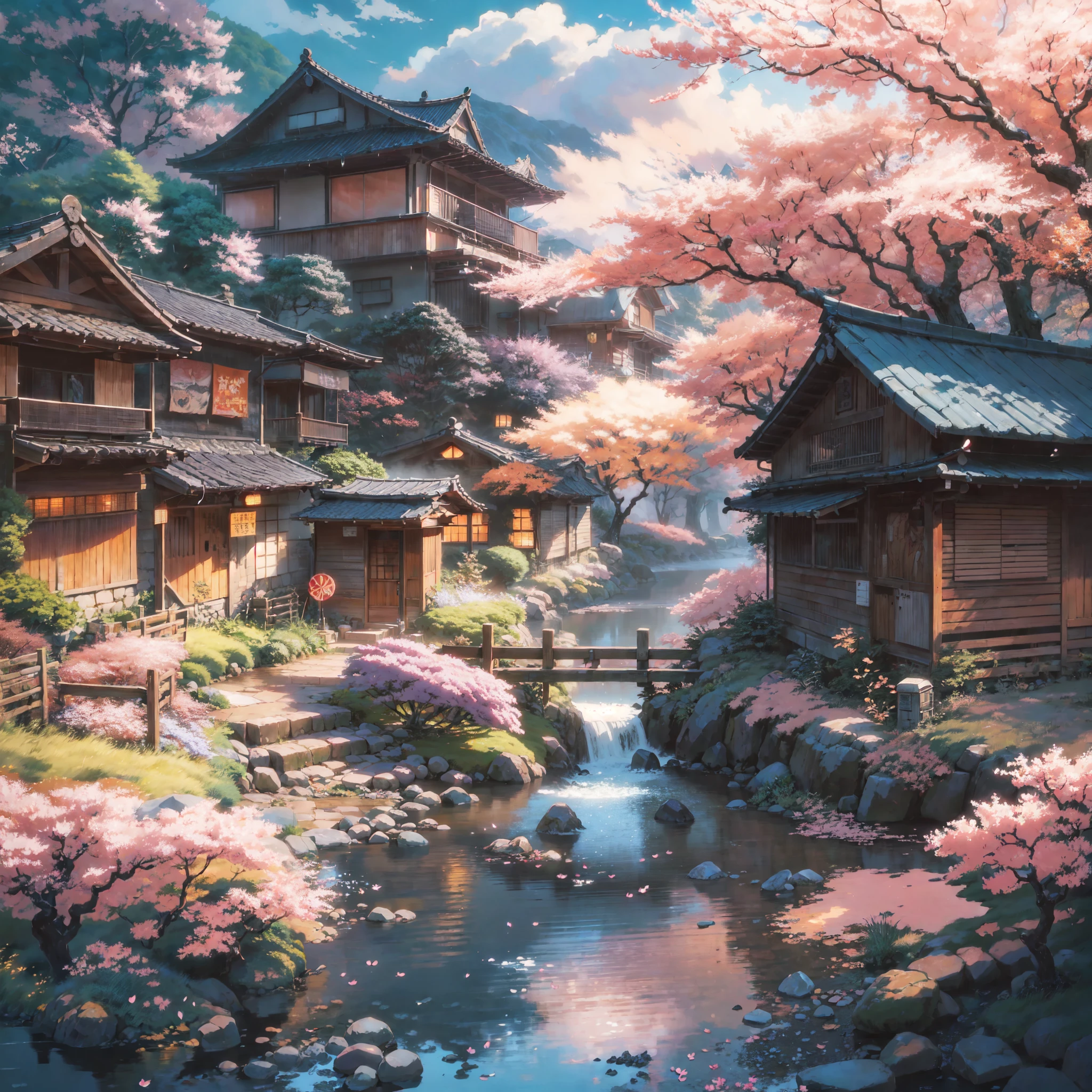 anime scenery of a japanese village with a stream and a house, anime background art, ross tran. scenic background, scenery artwork, japanese art style, beautiful anime scenery, beautiful anime scene, anime scenery, anime scenery concept art, anime beautiful peace scene, traditional japanese concept art, cherry blossom rain everywhere, anime art wallpaper 4k, anime art wallpaper 4 k