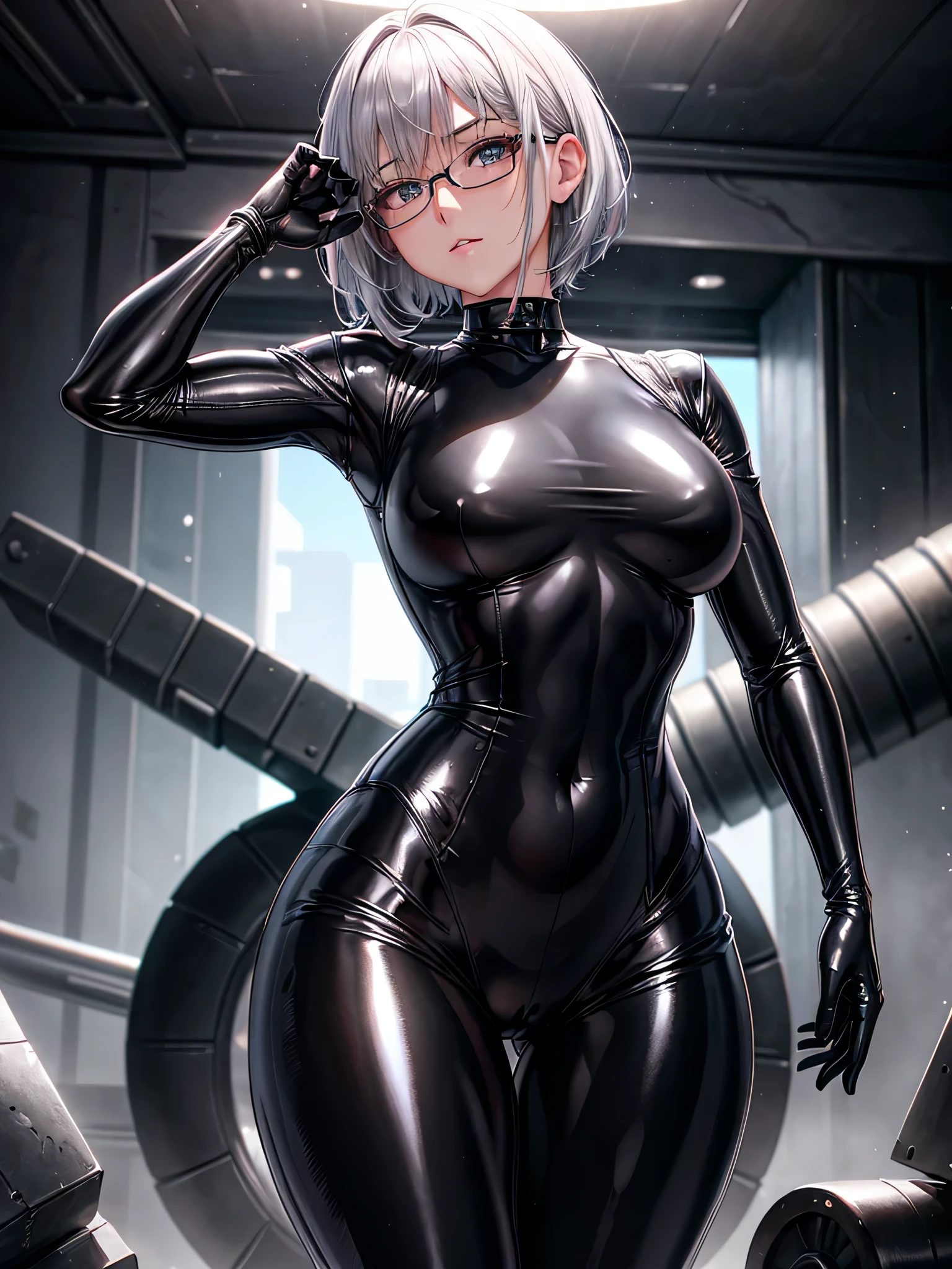 Top quality 8K UHD、short hair、pieces fly、silver hair、glasses uskul、Musculoskeletal system々、Upper body、Full body gloss、Beautiful woman wearing a full-body black metallic suit、A black rubber suit that hides your lustrous skin