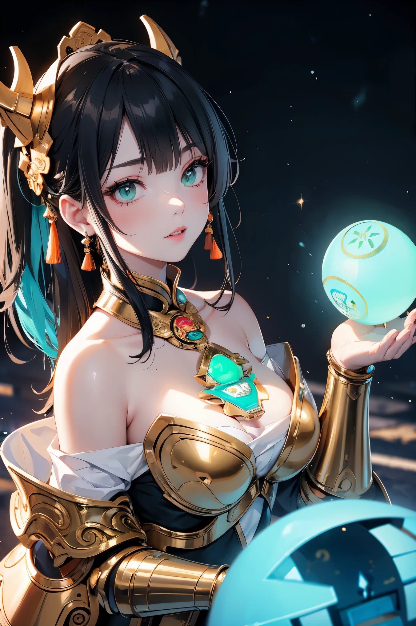 (low angle, ultra wide), orange inverted rune, mecha female, armor, action doll, exquisite eyebrows, beautiful facial features, (upper body close-up: 1.2), sparkling rune, (rotating scroll: 1.2), ice, flow, (jade armor:1.3), (jade carving armor:1.5), (off shoulder: 1.3), motion, best image quality, 3D rendering, look up, wide angle, fisheye, lens focus, ultra realistic and detailed, High detail texture, ultra high quality, 1 girl, 16K, flowing scroll, 