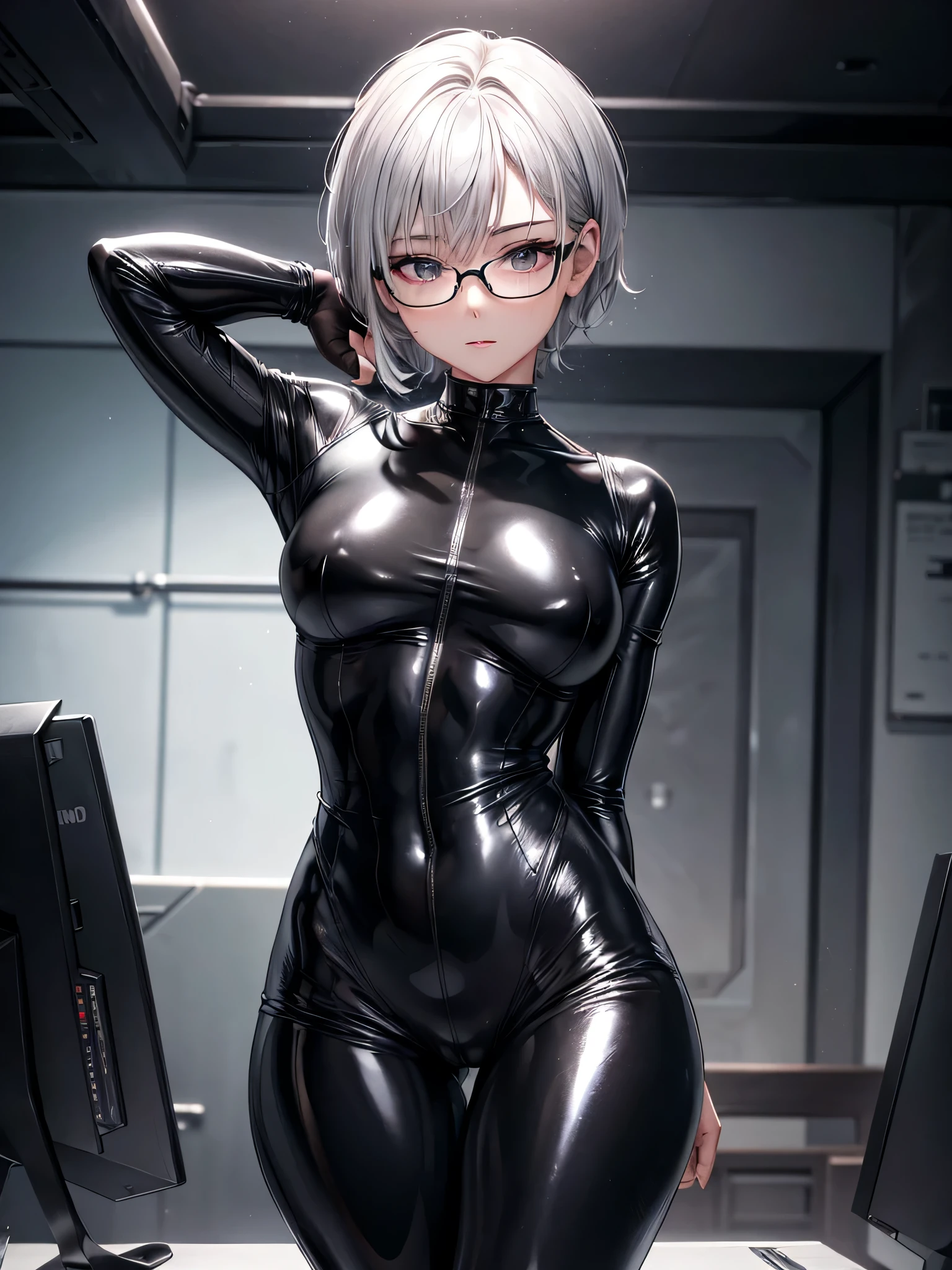 Top quality 8K UHD、short hair、pieces fly、silver hair、glasses uskul、Musculoskeletal system々、Upper body、Full body gloss、Beautiful woman wearing a full-body black metallic suit、A black rubber suit that hides your rous skin