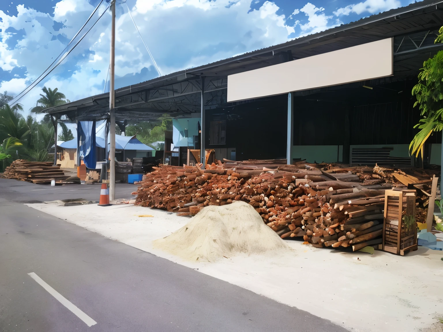 there is a pile of mangrove wood sitting on the side of the road, rendering of a log pile mangrove wood factory in Malaysia, tropical wood, center image, piled around, wood materials, leaked image, hut, dried mangrove trees, full image, market, backdrop, yard, clean post process, warehouse, typical, full trees, post-processed, market setting, coconuts, lot of trees
