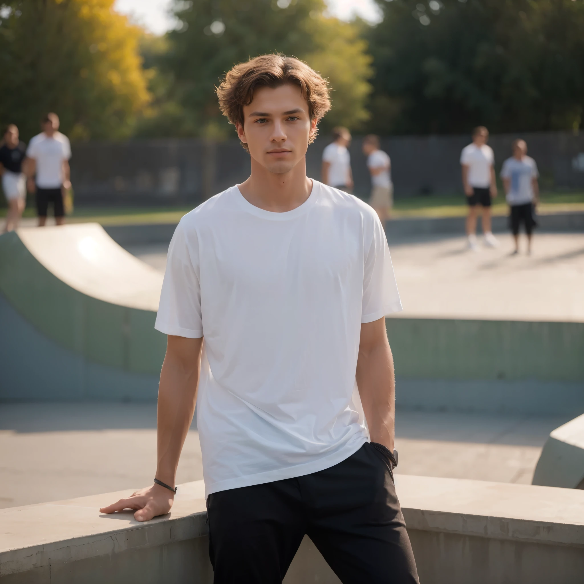 The composition should be perfect, with a smooth, male model, sharp focus and t-shirt texture, The photograph should be in RAW format and capture the realism in 35mm HD resolution (8k), using only natural light.