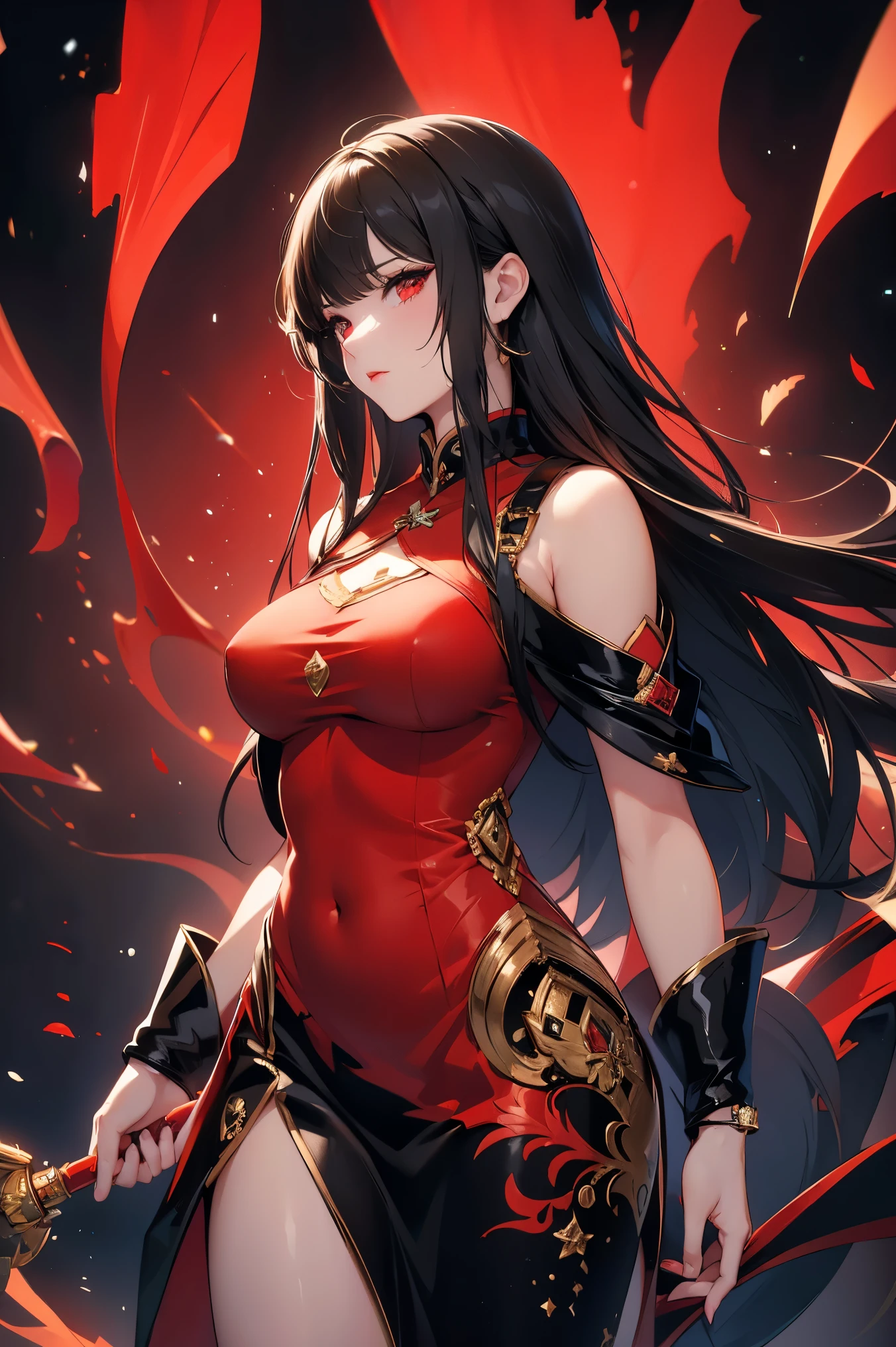 (Masterpiece, Top Quality, Best Quality, Official Art, Beauty and Aesthetics: 1.2), Cover Art, Illustration Minimalist, Extremely Sexy Girl, Dark Night Background, Red Cheongsam, Dynamic Attitude,