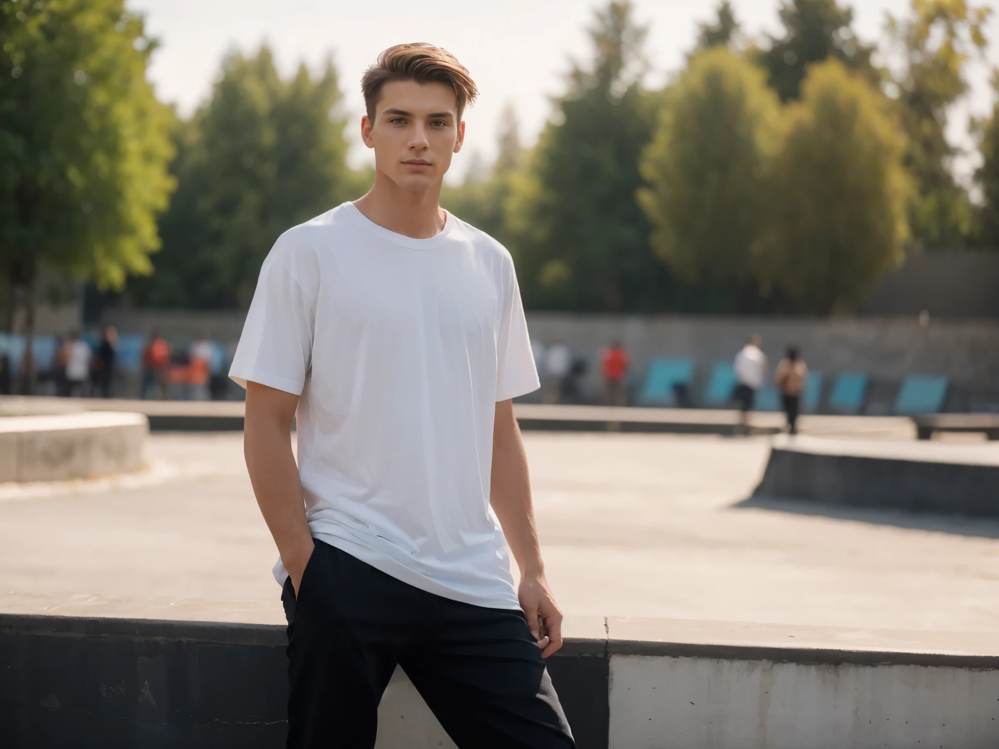 The composition should be perfect, with a smooth, male model, sharp focus and t-shirt texture, The photograph should be in RAW format and capture the realism in 35mm HD resolution (8k), using only natural light.
