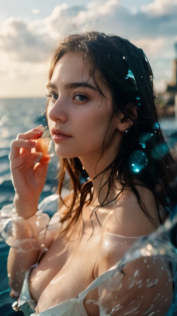 cornflower art, Dreamy, (a  girl，Have a pair of beautiful and delicate eyes. The depth of field in the photo is perfect, Lens flare adds a nice touch. The delicate details on her face really stand out, And the rating of this photo is definitely higher than 10 points. In the background, There is a beautiful ocean there，The sea water is crystal clear，There are water droplets on the surface. This is a stunning photo，Really captures the beauty of the girl and the water.)