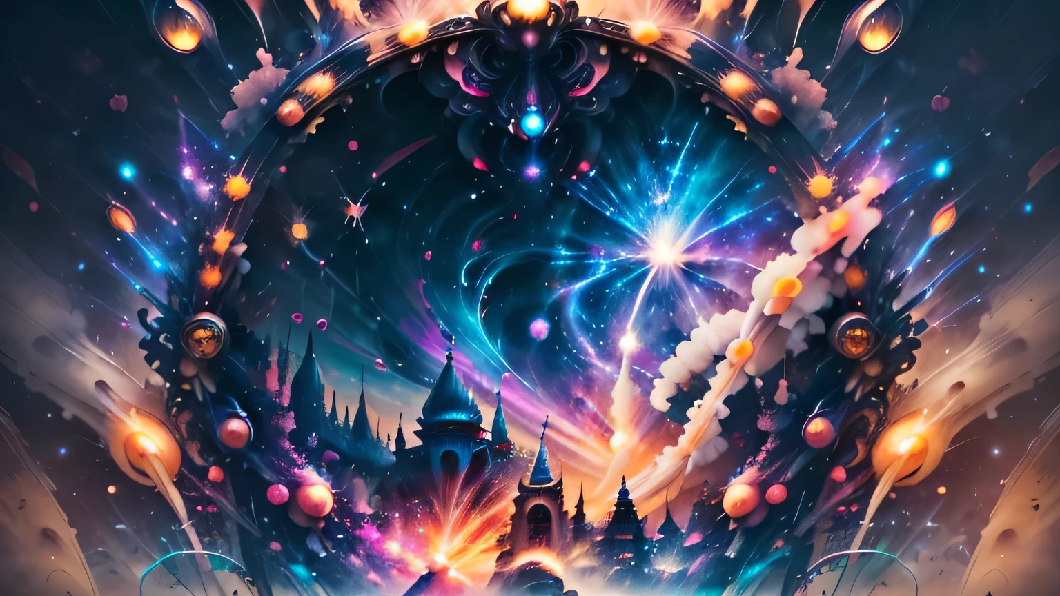 A captivating and enchanting photo realistic of a mystical fantasy-inspired landscape of a palace with intricate mandala patterns and gateway into another dimension. with a strong golden glowing aura, creating a mesmerizing, dazzling effect. A swirling vortex of stars and celestial elements surrounds, adding to the magical atmosphere, giving the scene a personal touch. This enthralling piece of art masterfully blends divine fantasy and vibrant cosmic galaxy energy, resulting in a visually stunning and immersive experience., photo, product, vibrant, light fantasy