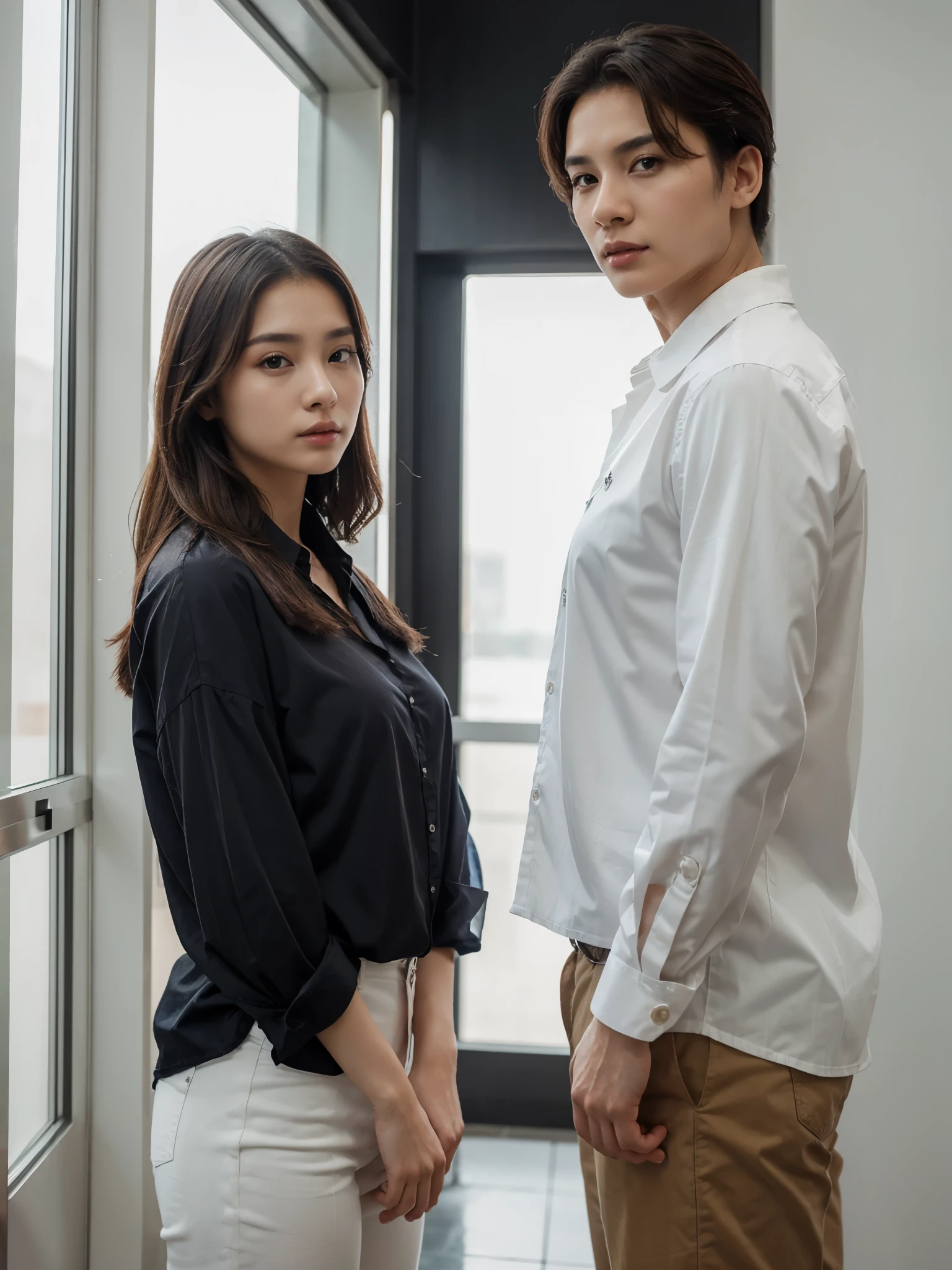 a man and a woman standing next to each other, an image, inspired by Adam Dario Keel, which is trending in the cg community, beautiful young Korean woman, blouse shirt, movie screencap, model elisajes from acquamodels