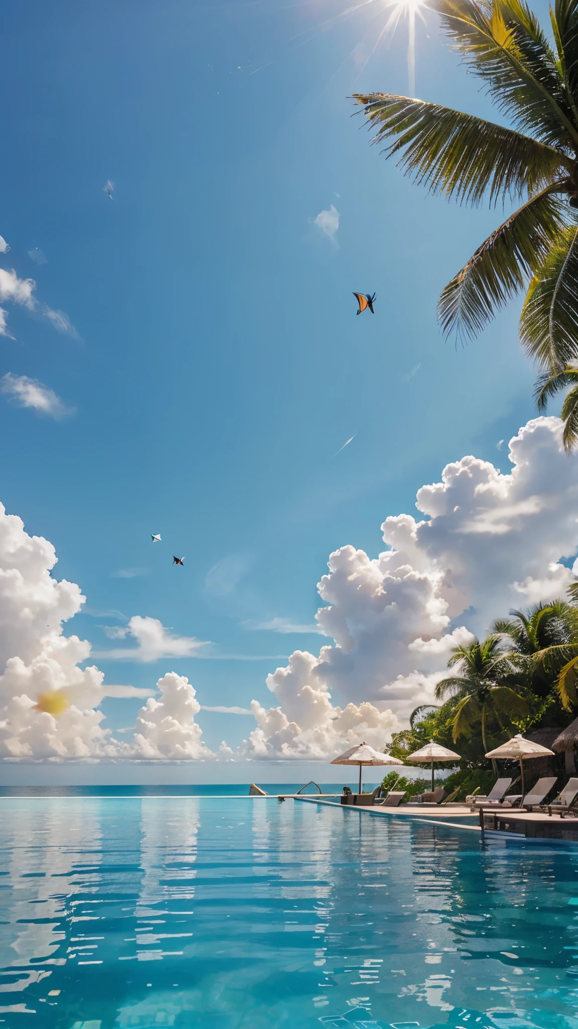 Maldives Beach, ((infinity pool)), (sunshine), (firefly), (paper kite), (midday), (sun)) beautiful scenery, realistic lighting, masterpiece, High quality, beautiful graphics, high details,