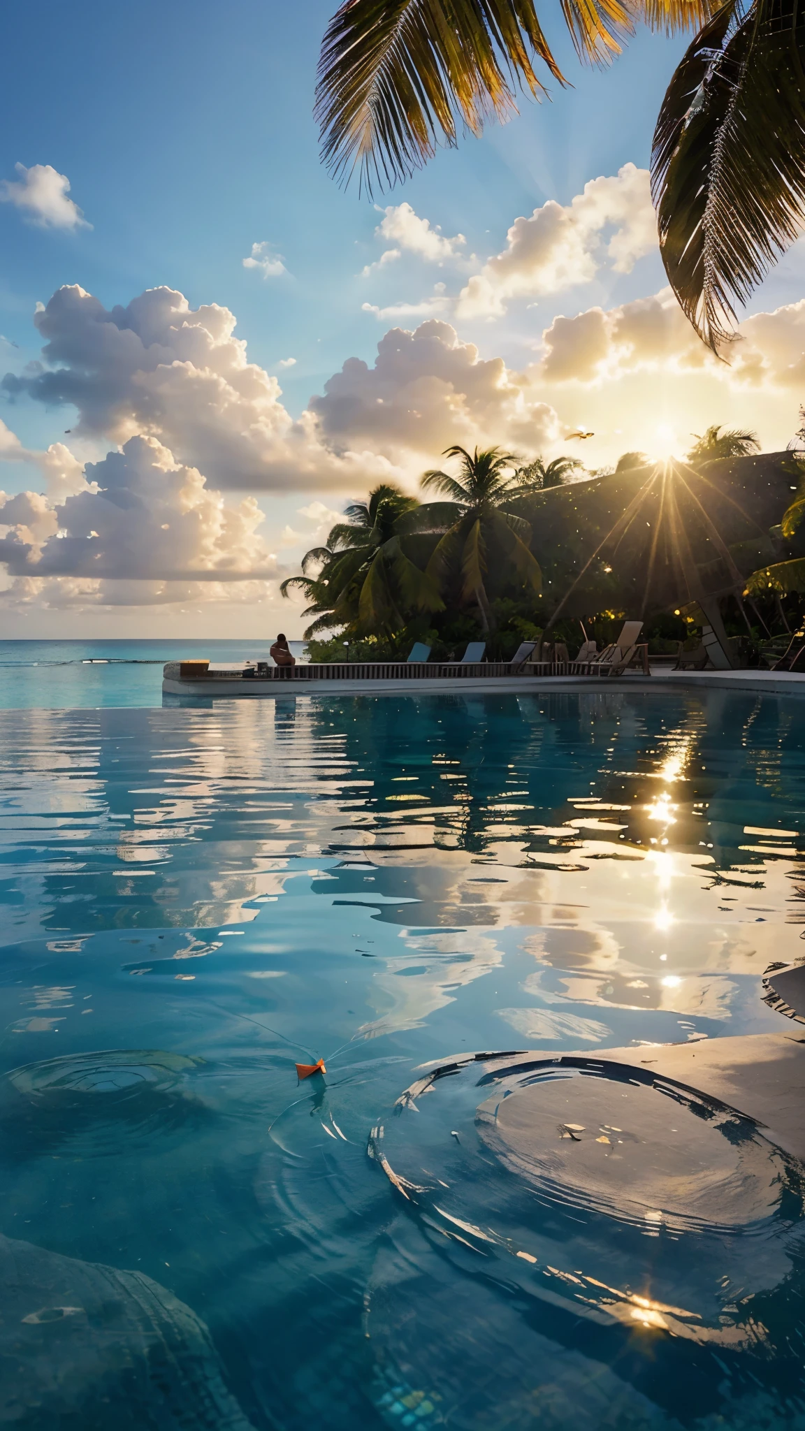 Maldives Beach, ((infinity pool)), (sunshine), (firefly), (paper kite), (midday), (sun)) beautiful scenery, realistic lighting, masterpiece, High quality, beautiful graphics, high details,