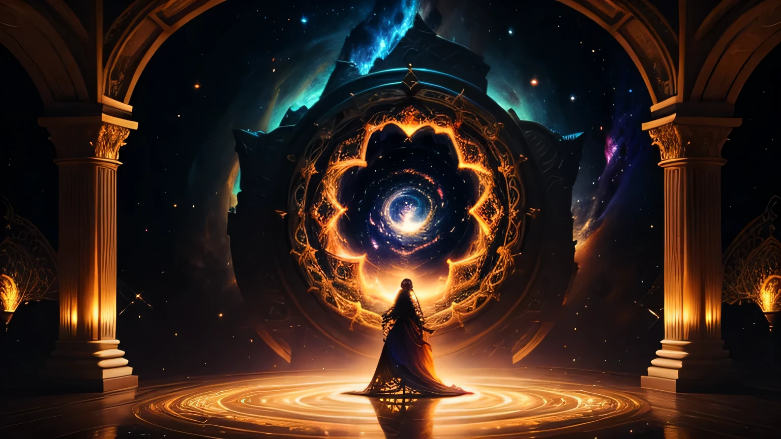 A captivating and enchanting photo realistic of a mystical fantasy-inspired landscape of a palace with intricate mandala patterns and gateway into another dimension. with a strong golden glowing aura, creating a mesmerizing, dazzling effect. A swirling vortex of stars and celestial elements surrounds, adding to the magical atmosphere, giving the scene a personal touch. This enthralling piece of art masterfully blends divine fantasy and vibrant cosmic galaxy energy, resulting in a visually stunning and immersive experience., photo, product, vibrant, light fantasy