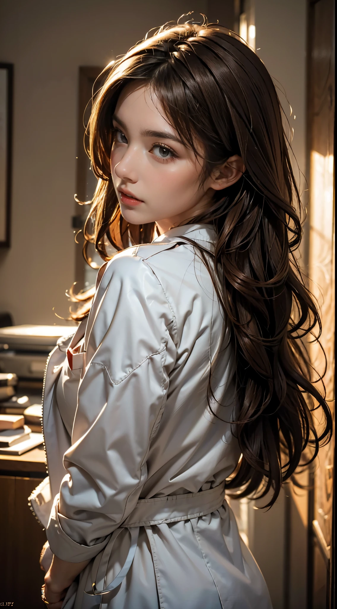 (((HD photo))), ultra high res.photorealistic:. 1.4, UHD, masterpiece, trending on artstation, portrait, extreme closeup of face, 1girl, pretty, cute face, most beautiful in the world, soft, delicate, ( long red hair), (wearing white doctor coat:1.2), stethoscope:1.4, sunkissed, hospital ward background, bokah, sfw