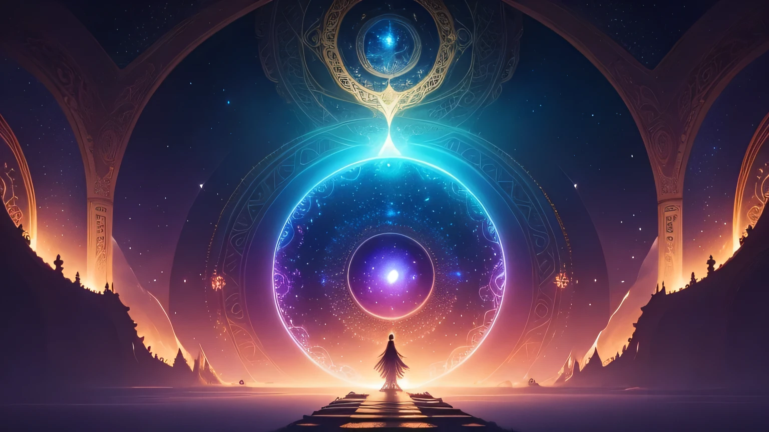 A captivating and enchanting photo realistic of a mystical fantasy-inspired landscape of a palace with intricate mandala patterns and gateway into another dimension. with a strong golden glowing aura, creating a mesmerizing, dazzling effect. A swirling vortex of stars and celestial elements surrounds, adding to the magical atmosphere, giving the scene a personal touch. This enthralling piece of art masterfully blends divine fantasy and vibrant cosmic galaxy energy, resulting in a visually stunning and immersive experience., photo, product, vibrant, light fantasy