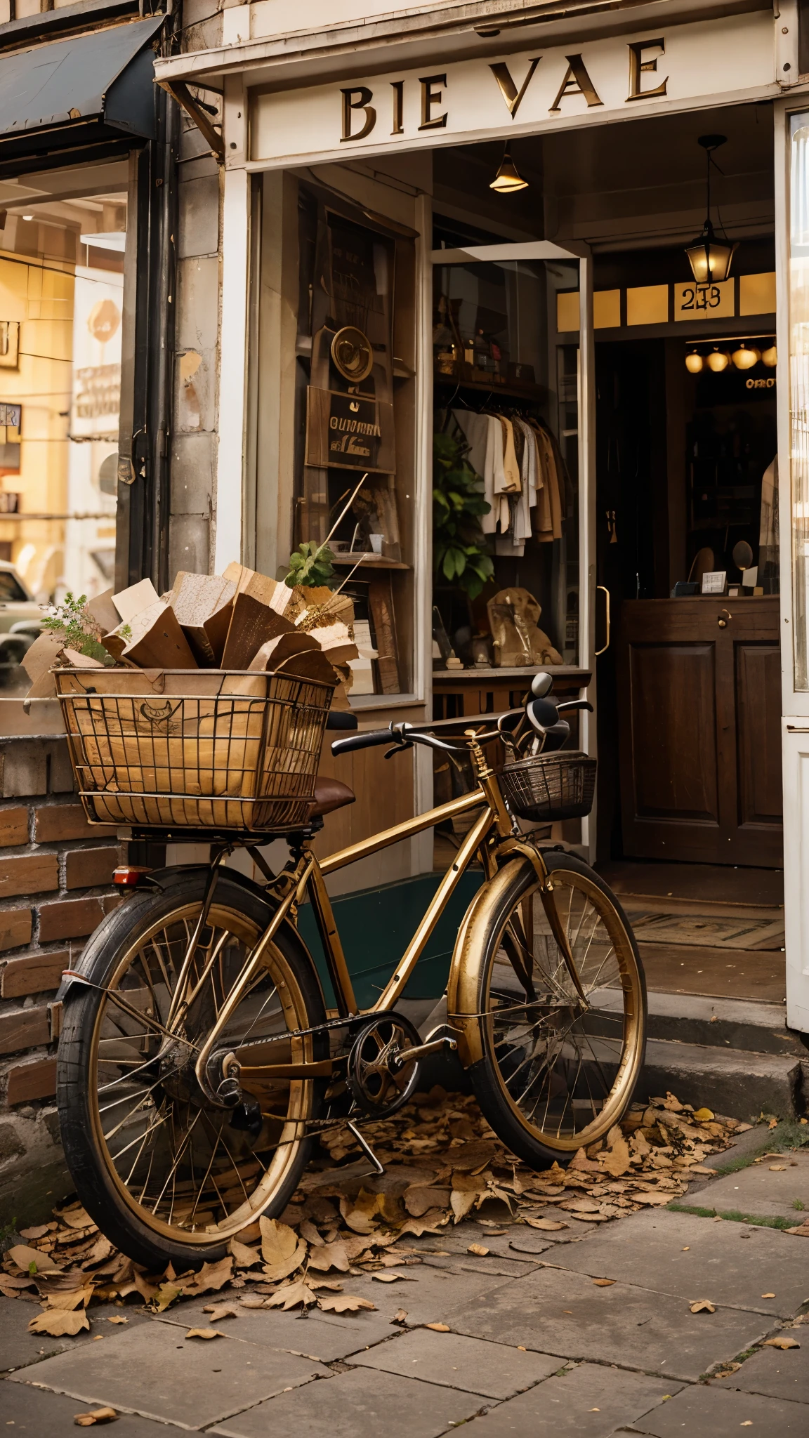 Imagine you're looking at a vintage store, with a storefront full of antiques and curiosities. The art deco sign adds a touch of elegance to the ambiance. In front of the store, an antique bicycle rests against a brick wall, evoking memories of past adventures. Fallen leaves from trees create a golden carpet on the ground, while a playful dog runs after a ball in the street.