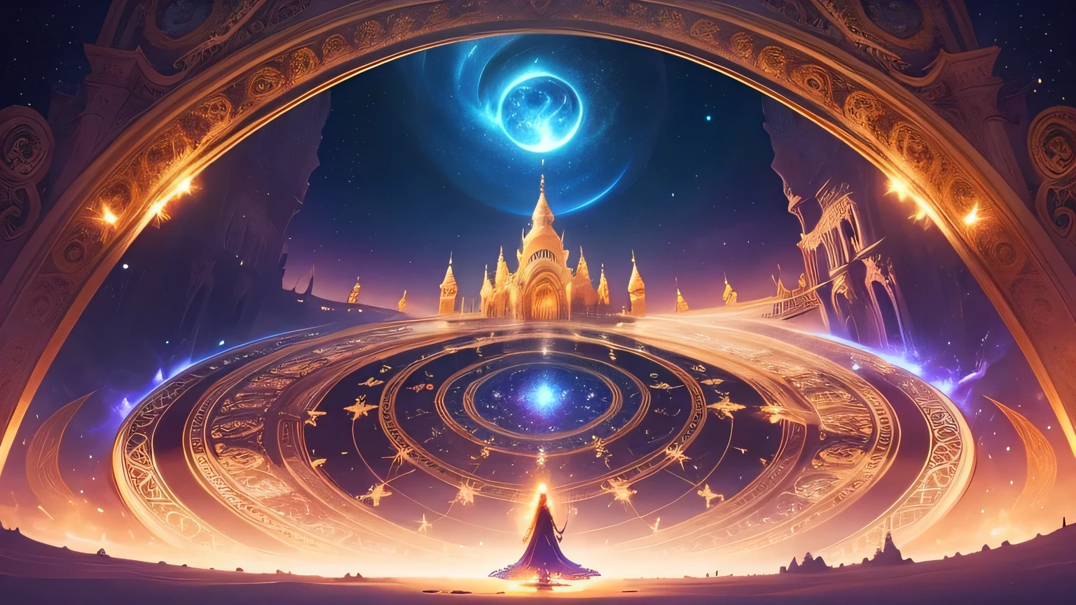 A captivating and enchanting photo realistic of a mystical fantasy-inspired landscape of a palace with intricate mandala patterns and gateway into another dimension. with a strong golden glowing aura, creating a mesmerizing, dazzling effect. A swirling vortex of stars and celestial elements surrounds, adding to the magical atmosphere, giving the scene a personal touch. This enthralling piece of art masterfully blends divine fantasy and vibrant cosmic galaxy energy, resulting in a visually stunning and immersive experience., photo, product, vibrant, light fantasy