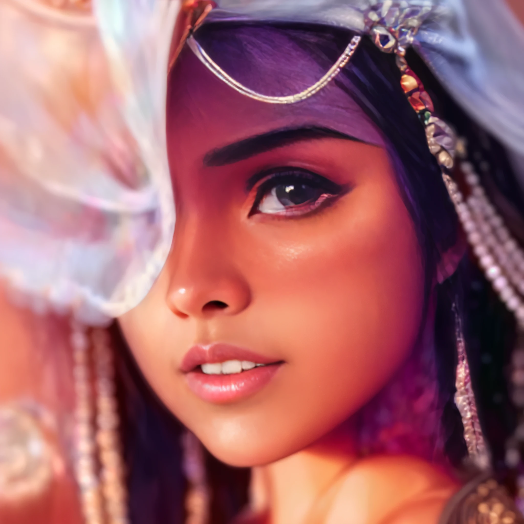 ((Masterpiece:1.3)), ((Highest quality:1.4)), (((Highest Detailed:1.3)))), (Opulent aesthetics:1.3) a close up of a woman wearing a headdress and a veil, persian princess, persian queen, profile pic, portait of haifa wehbe, arabian princess, soft devil queen madison beer, sweet, arabian beauty, low res, godess, princess, !!!!mila kunis, highres, fantasy”, fantasy ”, lowres, [[fantasy]], (Rendered in ultra-high definition (UHD) resolution 8K:1.4)