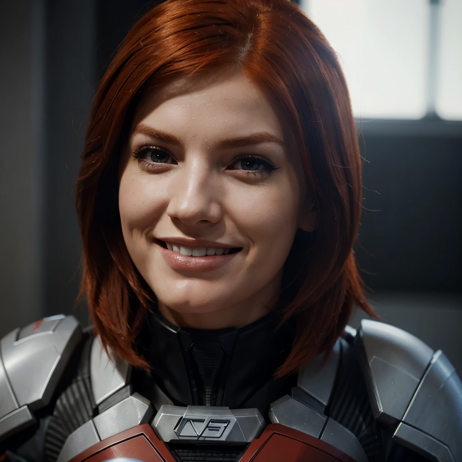 Pretty red head femshep smiling, mass effect, closeup portrait,