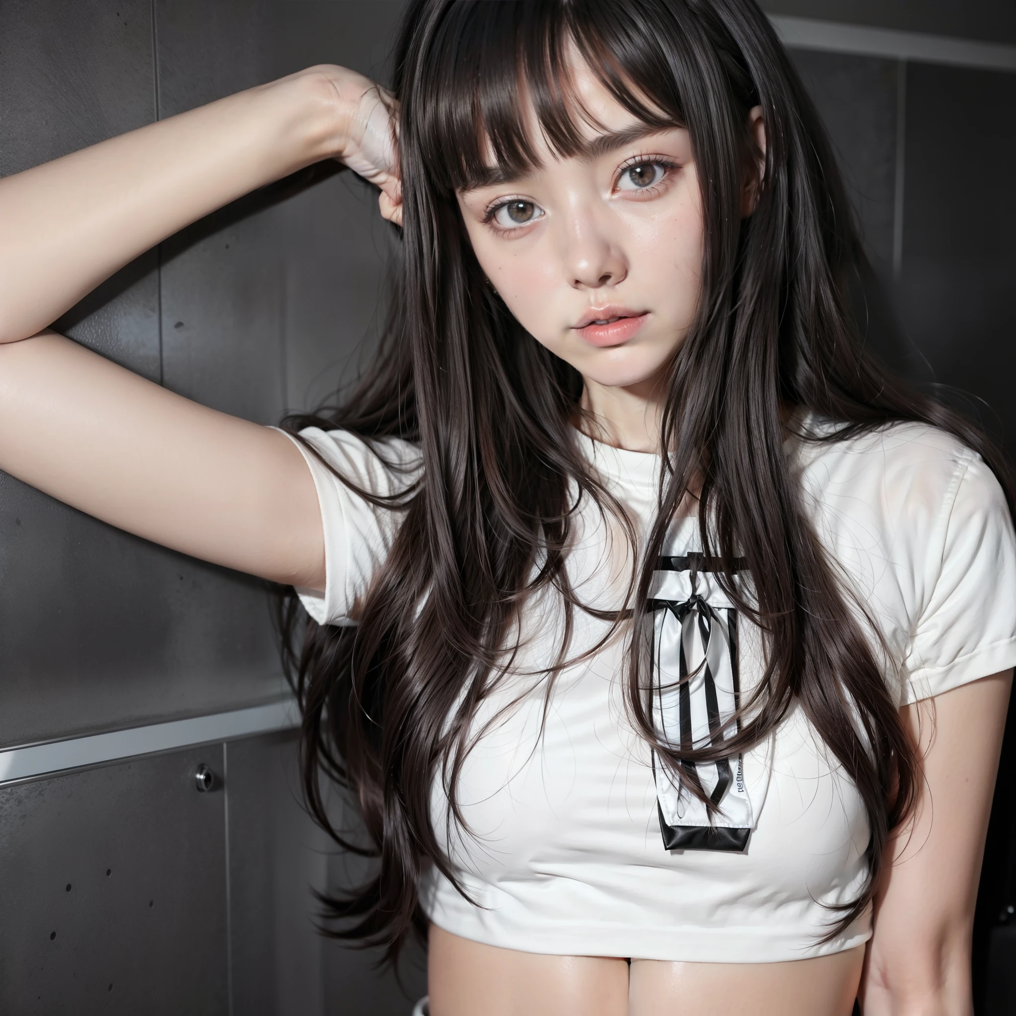 there is a woman with long hair posing in a bathroom, she has black hair con flequillo, black hair and flequillo blanco, flequillo blanco, con flequillo completo, cabello con flequillo blanco, con flequillo, long hair con flequillo completo, peinado de corte hime blanco, long dark hair con flequillo, long hair con flequillo, anna nikonova aka newmilky, flequillo largo y recto