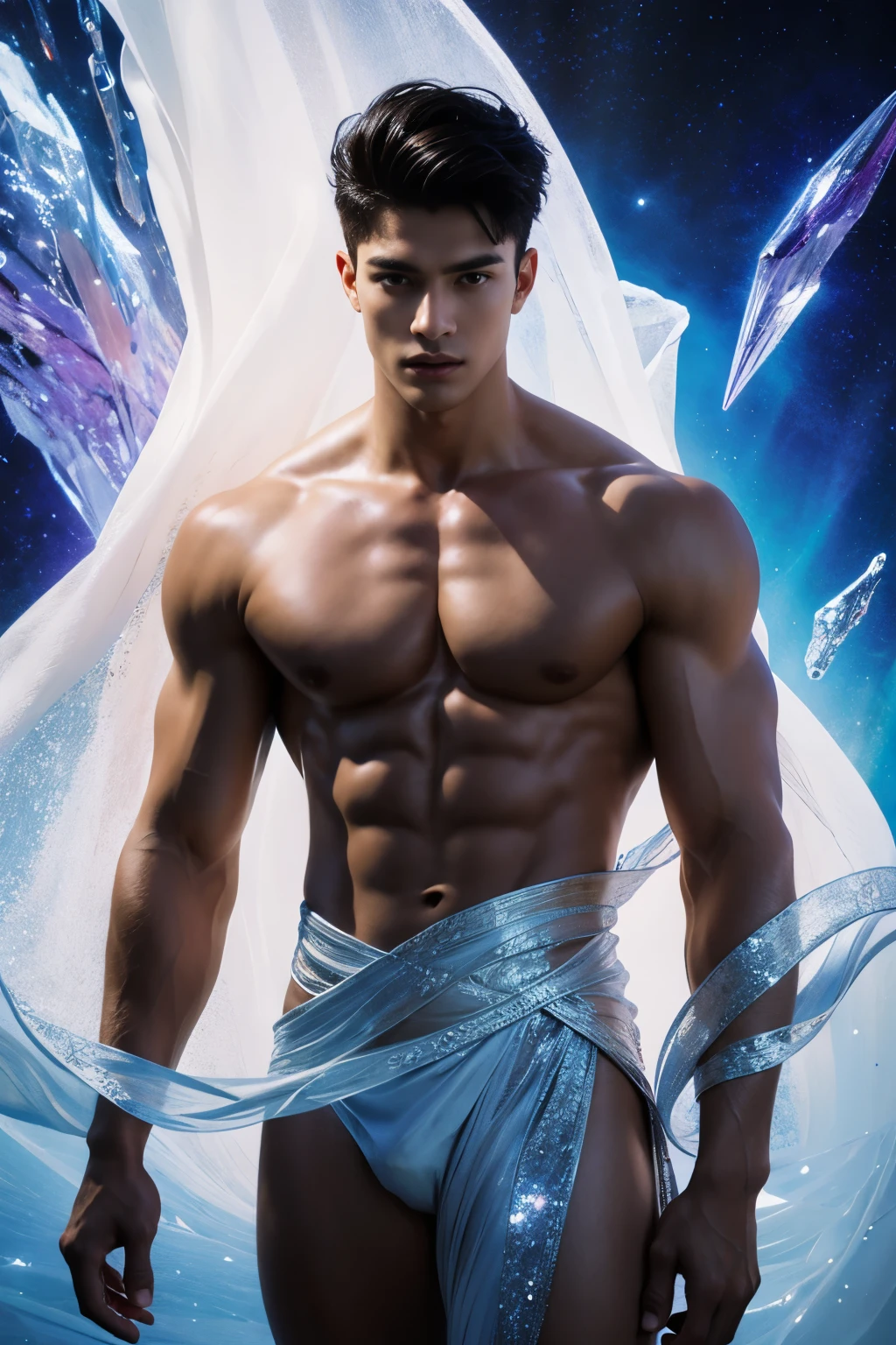 (photorealistic, masterpiece, best quality, highres, highly detailed), a young and handsome man posing nude surrounded by crystal, personification of crystal as a man, 18-year-old man, vibrant colors, realistic lighting, sparkling reflections, radiant and transparent skin, chiseled physique, intense gaze, striking features, well-defined jawline, tousled hair, confident and relaxed posture, artistic composition, elegant and graceful pose, captivating and alluring expression, the man's body covered with delicate and intricate crystals, creating a mesmerizing and ethereal effect, immaculate attention to detail, flawless rendering of textures, harmonious blend of realism and fantasy, incredible depth and dimension, attention-grabbing contrast between the smoothness of the man's skin and the texture of the crystals, seamless integration of the human form with the crystal surroundings, evoking a sense of grace, beauty, and mystery, powerful symbolism of purity and strength embodied by the crystal elements, expert use of shadows and highlights to enhance the three-dimensional quality of the image, masterful use of color to create a dreamlike atmosphere, refined and subtle nuances of light and shade, creating a visually stunning and emotionally impactful scene, exquisite craftsmanship and skillful execution, capturing the essence of both the human form and the ethereal beauty of crystals, creating an unforgettable and awe-inspiring visual experience.