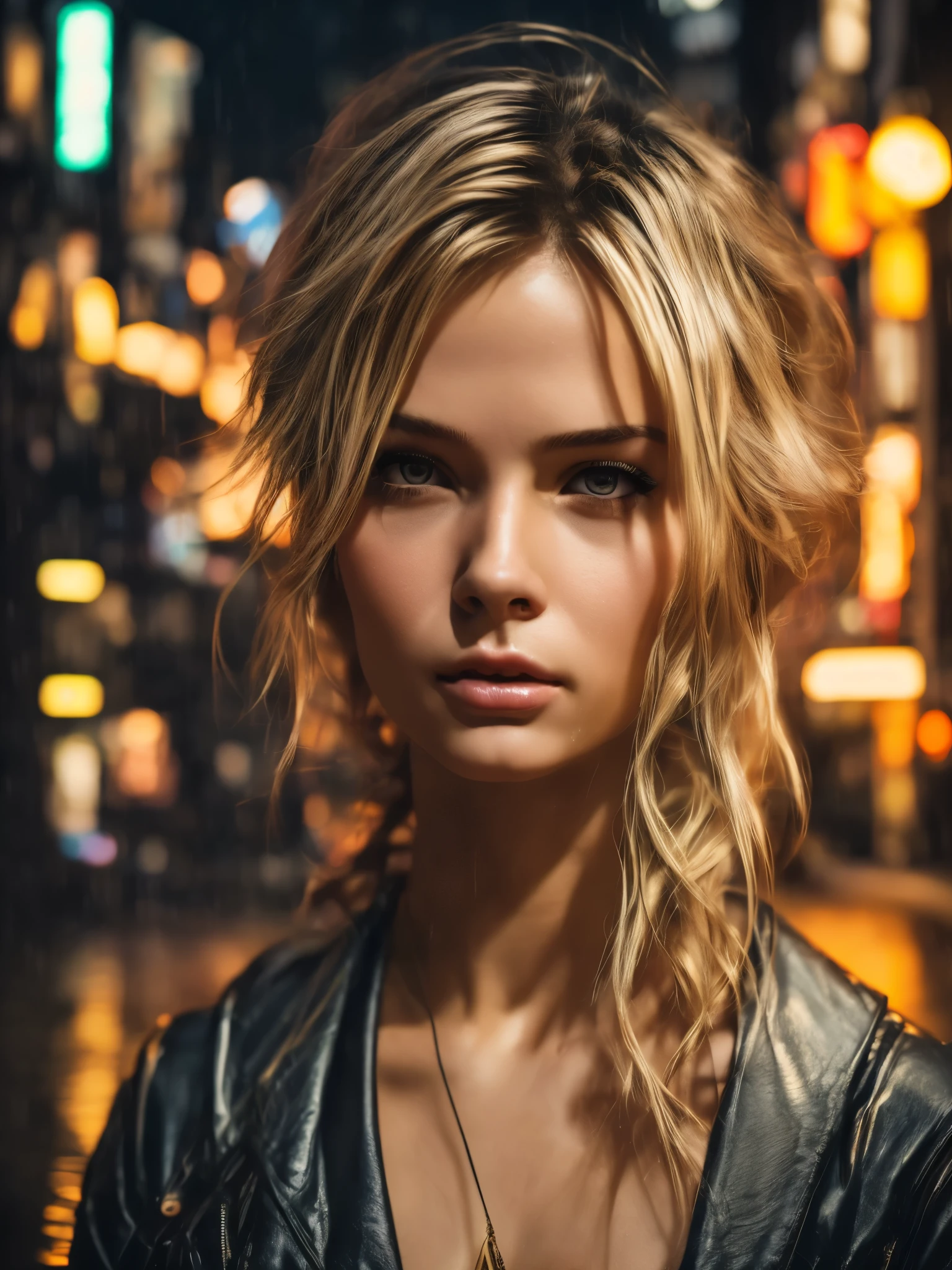 8k, RAW photo, best quality, masterpiece:1.2),(realistic, photo-realistic:1.37),Tokyo street,night, rain, wet,cityscape,night, cyberpunk city,soft light,1girl,, extremely beautiful face,bust,put down hands,Random hairstyle,Random hair color,Random expression,pigsney