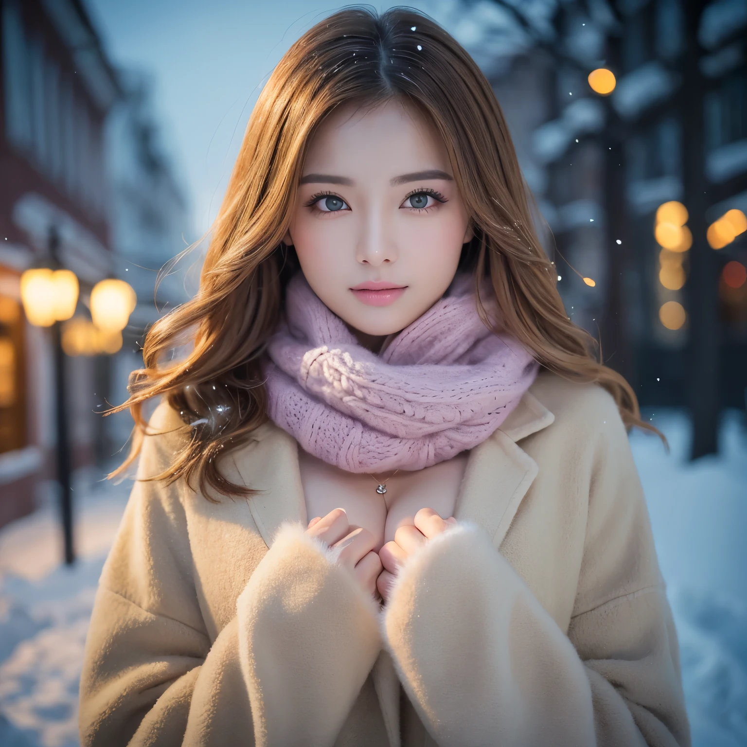 (table top、highest quality、8K、Award-winning work、ultra high resolution)、one beautiful woman、(elegant thick beige fur coat:1.2)、(The most natural and accurate pink long scarf:1.2)、Exactly、brown hair、blonde、big cleavage、very long wavy hair、epic movie lighting、(romantic love feelings:1.1)、(The most romantic and moody atmosphere:1.1)、(Walking through the snowy streets of Norway:1.1)、look at me、(Big breasts that are about to burst:1.1)、(Most emphasize the body line:1.1)、very long hair、blurred background、accurate anatomy、ultra high definition hair、Perfect and beautiful teeth in ultra high resolution、Ultra high definition beauty face、ultra high definition hair、Super high-definition sparkling eyes、Shining ultra high resolution beautiful skin、ultra high resolutionの艶やかな唇、(close up of face:1.2)
