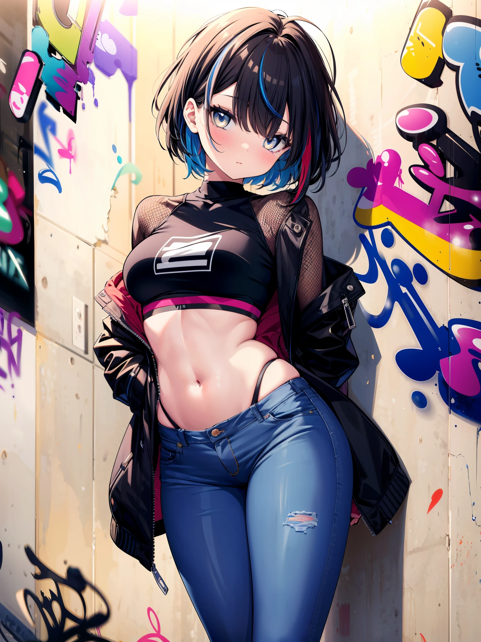 (cowboy shot), (best quality, ultra-high resolution, depth of field:1.2), adult, 1woman, toned body, medium breasts, wide hips, solo, black hair, streaked hair, short hair, bangs, cropped jacket, (crop top), (mesh under clothes:1.2), highleg, highleg panties, highleg thong, (denim jeans), (graffiti:1.4), paint-stained clothes, slouching, laying on the wall, looking at viewer, upturned eyes, bright eyes, head tilt, bored, arms behind back, model pose