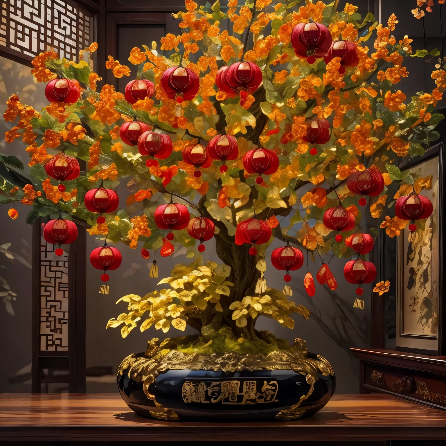 (masterpiece, best quality:1.2), money apple tree，，In a room decorated with Chinese New Year，Red Lantern（ （（充满奇幻元素的masterpiece））） （（best quality））， （（intricate details））（8k）