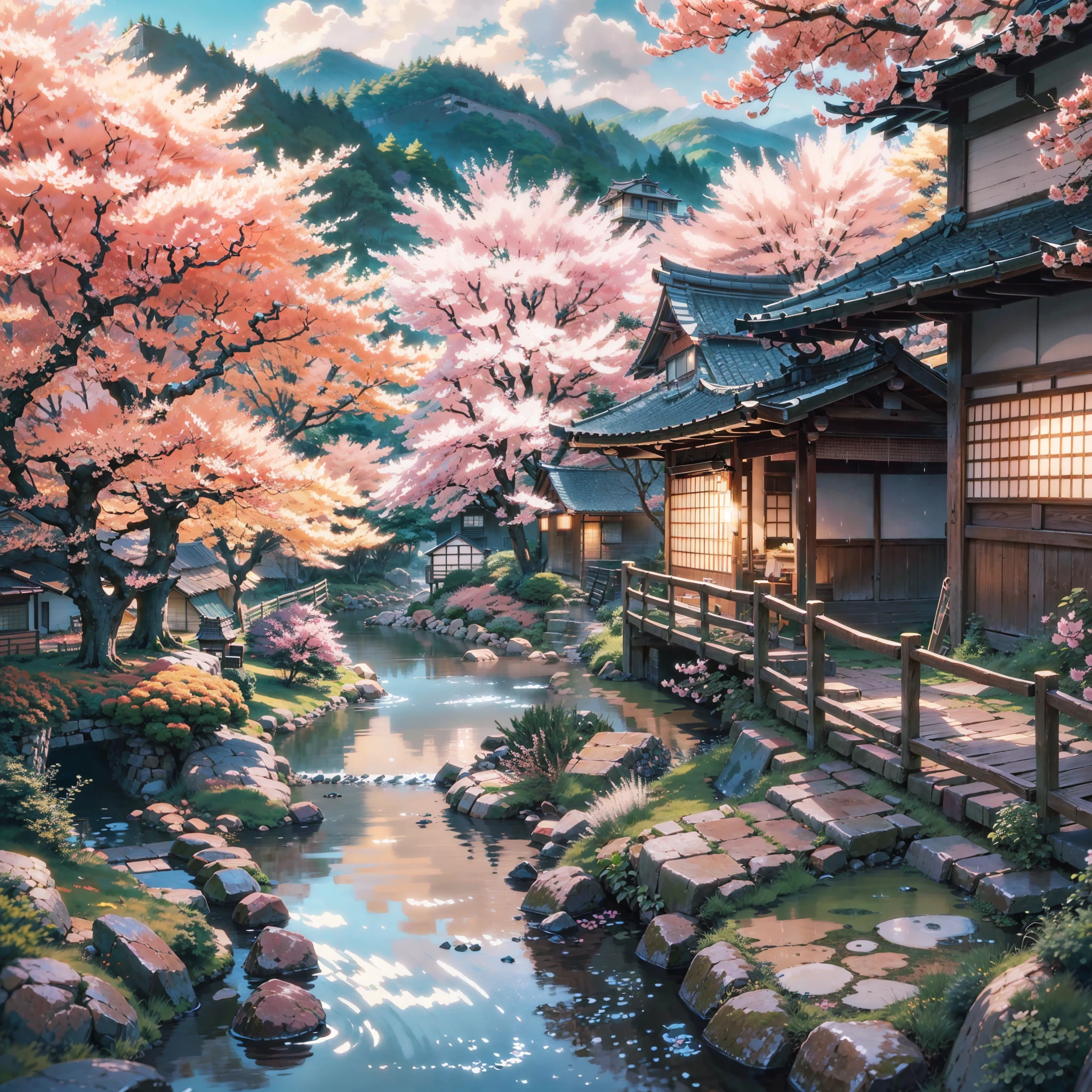 anime scenery of a japanese village with a stream and a house, anime background art. scenic background, scenery artwork, japanese art style, beautiful anime scenery, beautiful anime scene, anime scenery, anime scenery concept art, anime beautiful peace scene, traditional japanese concept art, cherry blossom rain everywhere, anime art wallpaper 4k, anime art wallpaper 4 k
