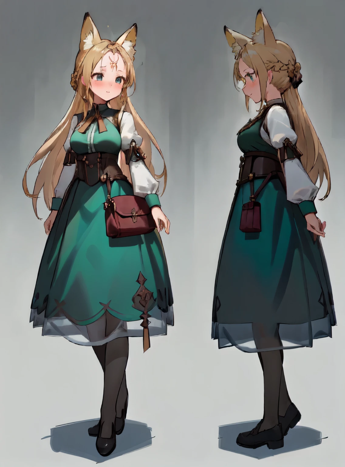 masterpiece: 1.6, highest quality: 1.4, live video: 1.2, intricate details: 1.2, ++, 1 girl, alone, ((blonde)), long hair, french braid, single ~ sidelock, Forehead: 1.5, fox ears, deep blue eyes, bright eyes, big breasts, green adventurer clothes, light clothing, pochette, ++, full body shot, multiple views, front, return, ~ side, Performance, ((Character setting material collection, Same character in different poses, character reversal: 1.3, multiple views)), (transparent returnground, gray returnground:1.3), arms behind return, portrait, Happy, Are crying, cold, neutral