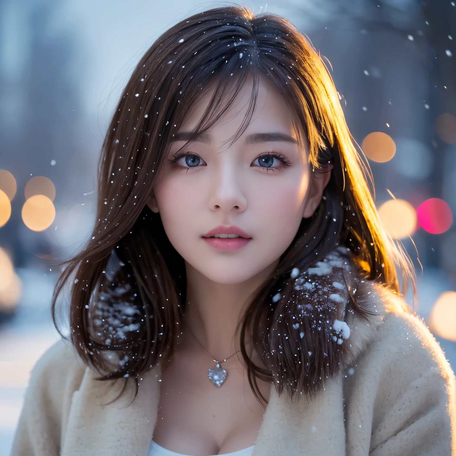 (table top、highest quality、8k、Award-winning work、ultra high resolution)、one beautiful woman、(Wearing an elegant thick fur coat and knitwear:1.2)、perfect fit、brown hair、blonde、big cleavage、Very long wavy hair、epic movie lighting、(romantic love feeling:1.1)、(The most romantic and moody atmosphere:1.1)、winter、snow scene、It&#39;s snowing、(Walking through the snowy streets of Norway:1.1)、look at me、(Big breasts that are about to explode:1.1)、(Most emphasize the body line:1.1)、very long hair、blurred background、accurate anatomy、ultra high definition hair、ultra high resolutionの完璧な美しい歯、Ultra high definition beauty face、ultra high definition hair、Super high-definition sparkling eyes、輝くultra high resolutionの美肌、ultra high resolutionの艶やかな唇、(close up of face:1.3)