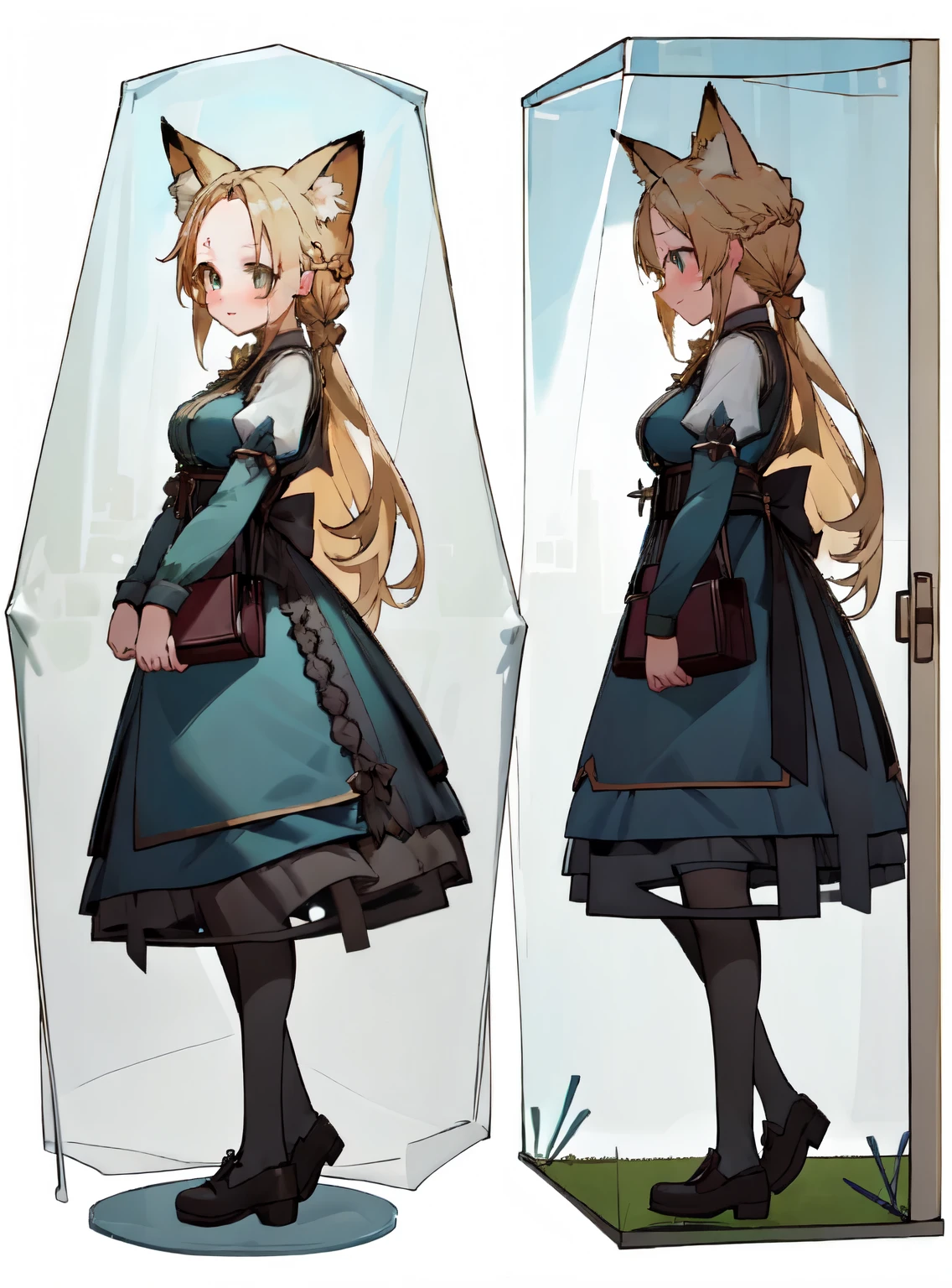 masterpiece: 1.6, highest quality: 1.4, live video: 1.2, intricate details: 1.2, ++, 1 girl, alone, ((blonde)), long hair, french braid, single ~ sidelock, Forehead: 1.5, fox ears, deep blue eyes, bright eyes, big breasts, green adventurer clothes, light clothing, pochette, ++, full body shot, multiple views, front, return, ~ side, Performance, ((Character setting material collection, Same character in different poses, character reversal: 1.5, multiple views)), (transparent returnground, gray returnground:1.5), arms behind return, portrait, Happy, Are crying, cold, neutral