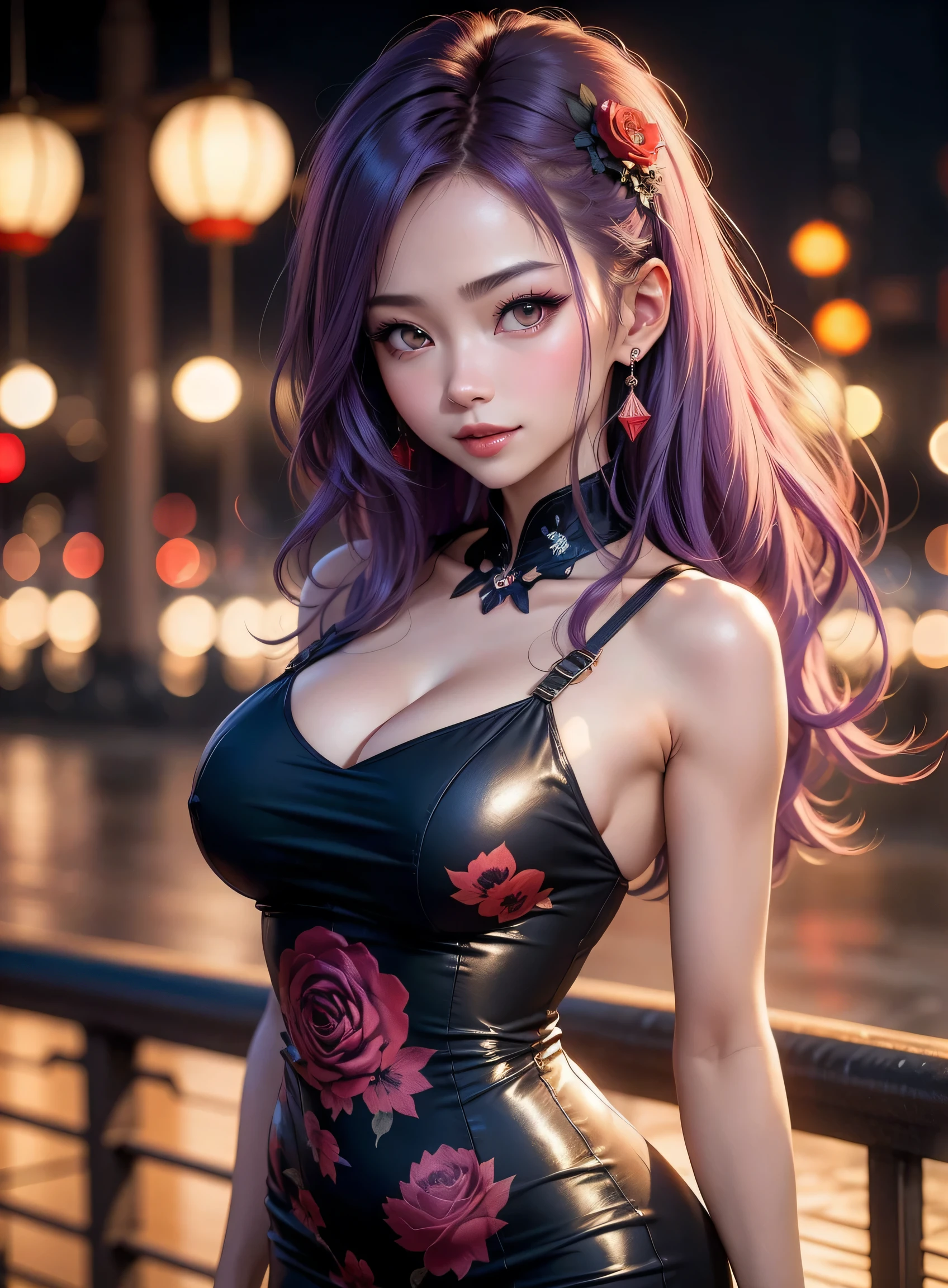 sfw, Cute One Girl, (Very small breasts:1.2), Longhaire, Gradient Hair Purple, the whole, japanes, Sauvage Hair, An ultra-high picture quality, ultra-quality,Raking up your hair with your , Happy smile, Beautiful night view, (Black red rose pattern dress), Live-action adaptation, in 8K, wearing bra,((skinny waist)), young asian girl, ((big breasted)),