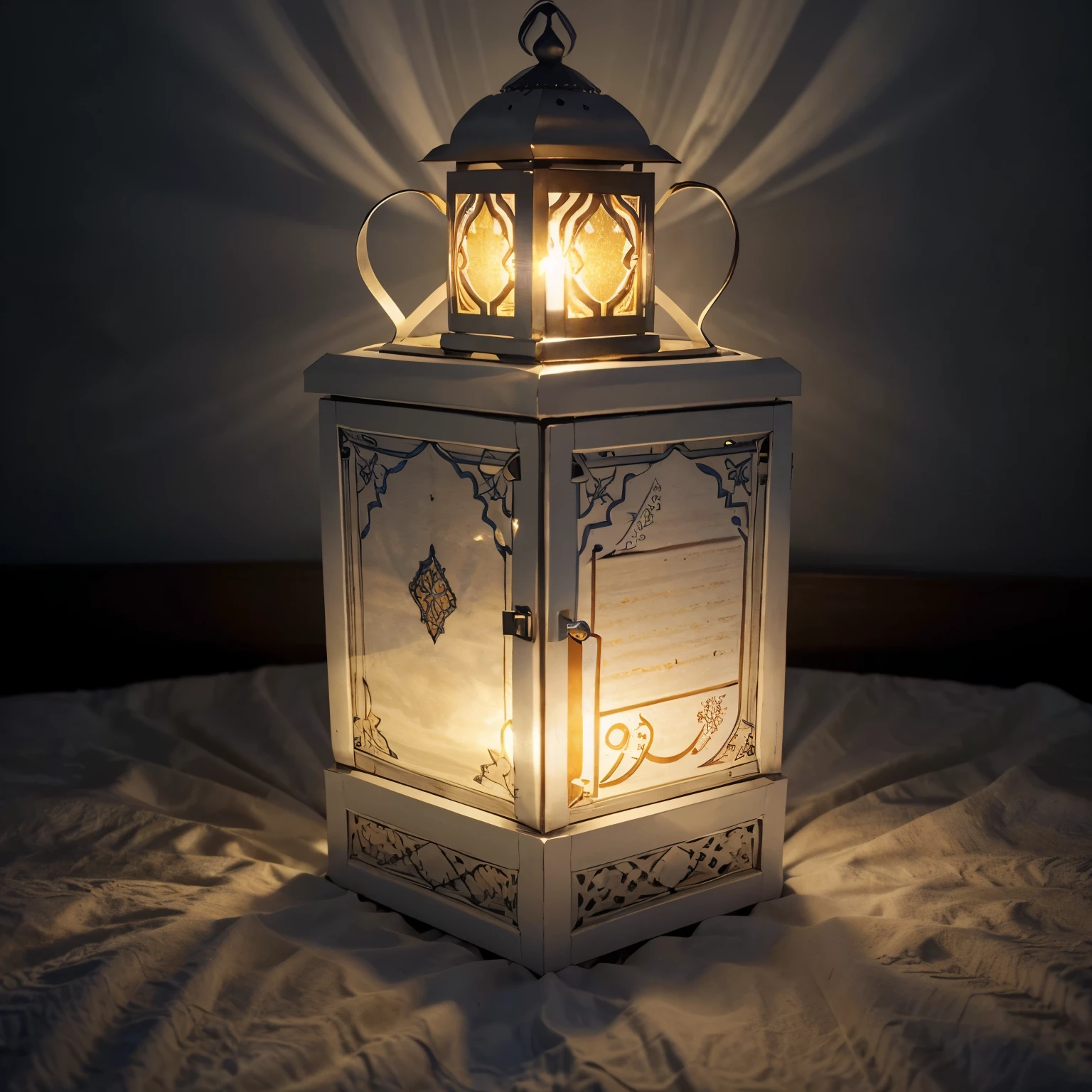 Create a realistic depiction of the Qur’an and the Ramadan lantern consisting of clouds. The Qur’an and the lantern appear in the middle of the clouds. The image is very accurate. The background is white. . 
