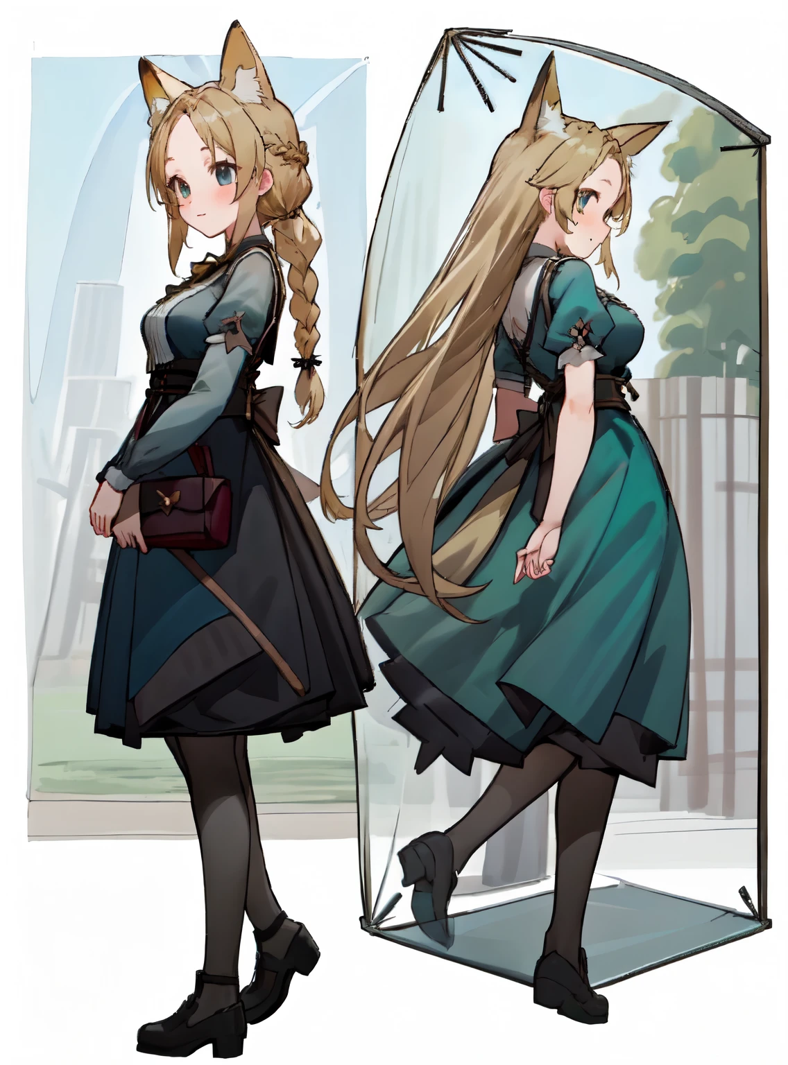 masterpiece: 1.6, highest quality: 1.4, live video: 1.2, intricate details: 1.2, ++, 1 girl, alone, ((blonde)), long hair, french braid, single ~ sidelock, Forehead: 1.5, fox ears, deep blue eyes, bright eyes, big breasts, green adventurer clothes, light clothing, pochette, ++, full body shot, multiple views, front, return, ~ side, Performance, ((Character setting material collection, Same character in different poses, character reversal: 1.5, multiple views)), (transparent returnground, gray returnground:1.5), arms behind return, portrait, Happy