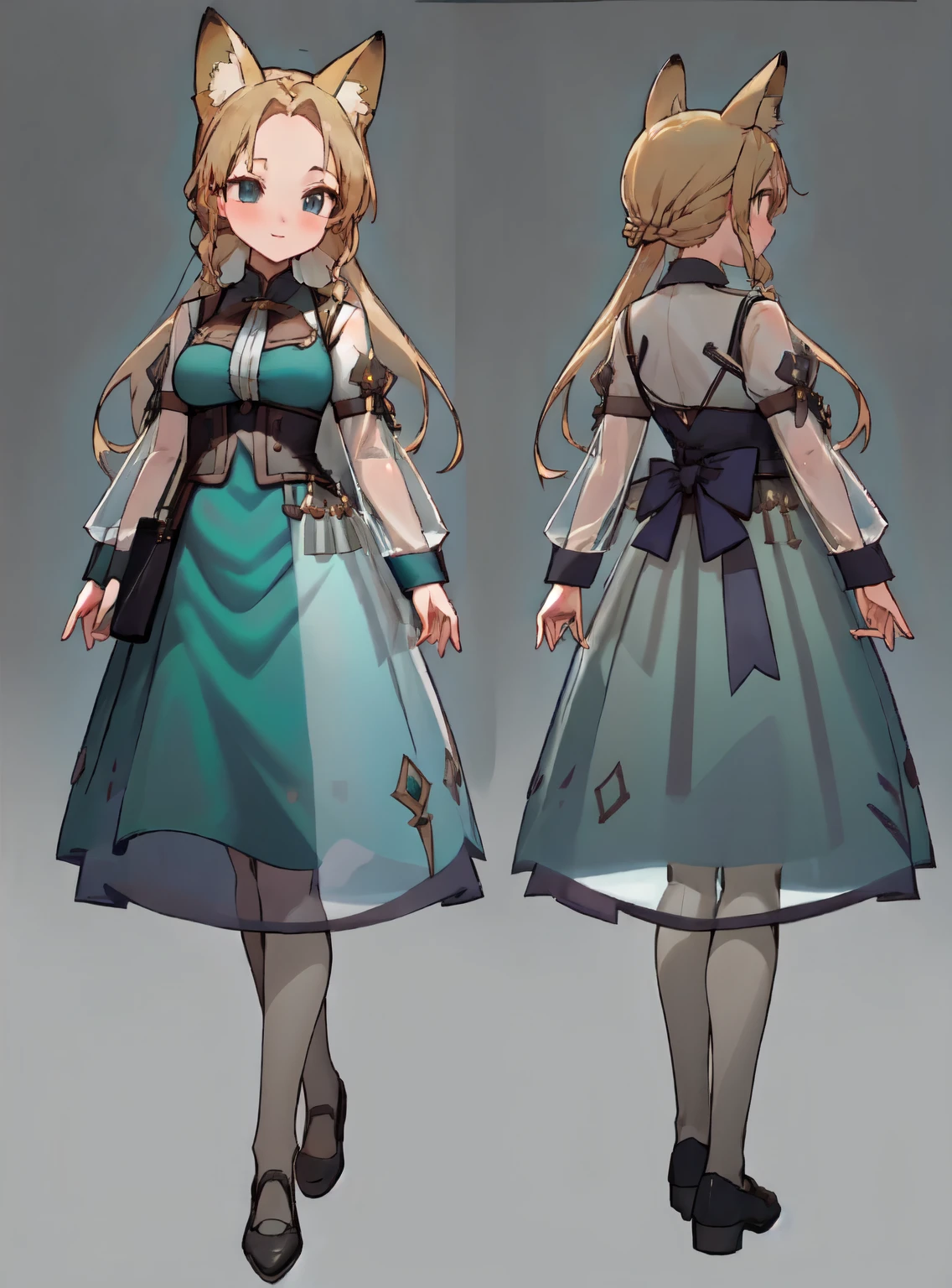 masterpiece: 1.6, highest quality: 1.4, live video: 1.2, intricate details: 1.2, ++, 1 girl, alone, ((blonde)), long hair, french braid, single ~ sidelock, Forehead: 1.5, fox ears, deep blue eyes, bright eyes, big breasts, green adventurer clothes, light clothing, pochette, ++, full body shot, multiple views, front, return, ~ side, Performance, ((Character setting material collection, Same character in different poses, character reversal: 1.5, multiple views)), (transparent returnground, gray returnground:1.5), arms behind return, portrait, Happy
