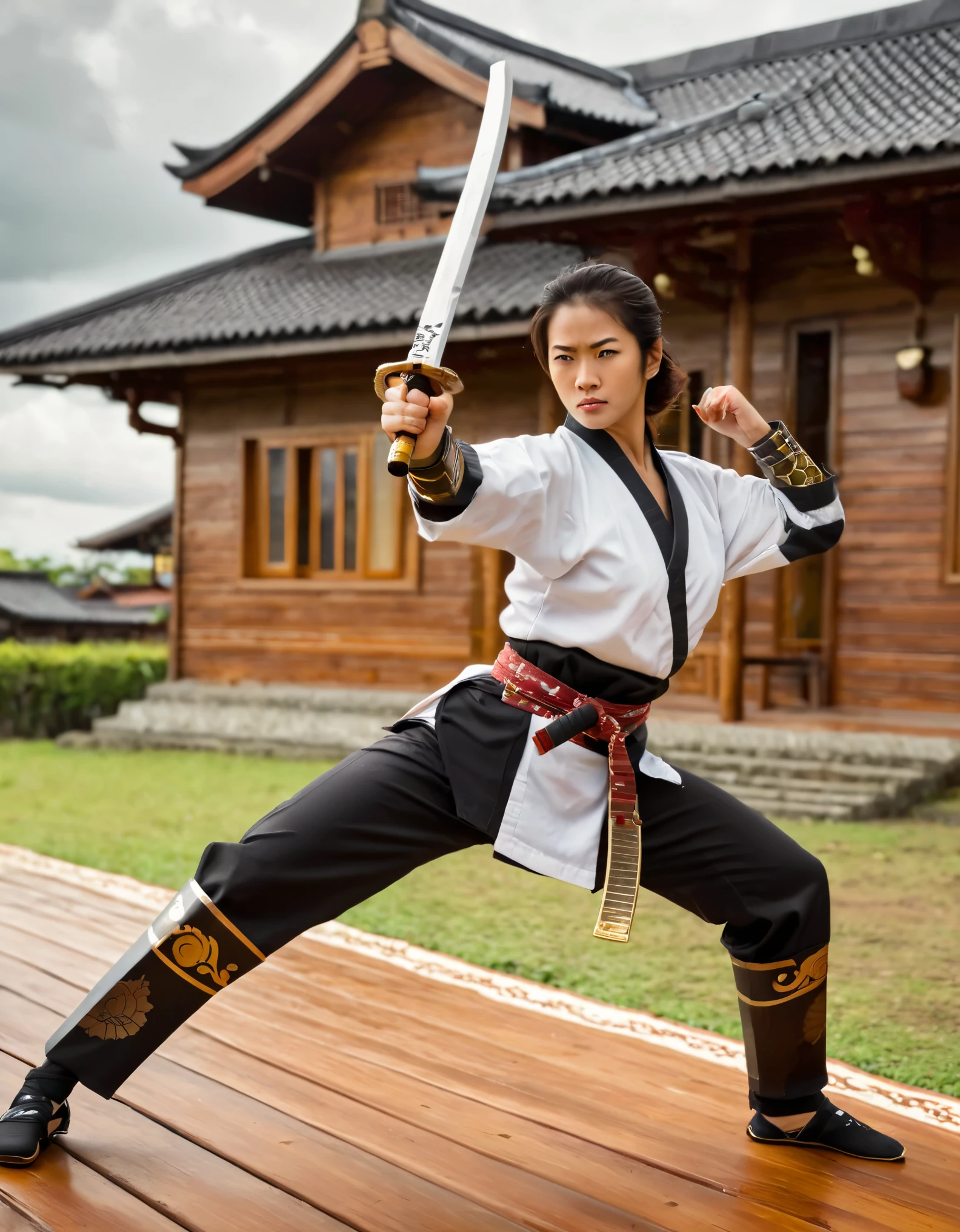 just like in reality, a beautiful Indonesian woman wearing karate clothes, is practicing self-defense by showing how to attack the enemy, her left hand is holding a uniquely patterned reverse katana sword, and her right hand is just holding, in front of a wooden house facing the camera, the background is warm, cloudy weather