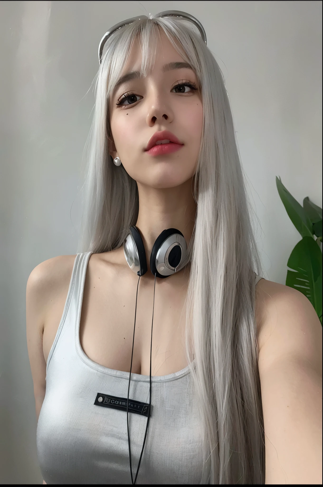 Mujer arafed con auriculares y un top plateado., long straight cabello plateado, girl cabello plateado, cabello plateado girl, bella delfina, pelo largo plateado, cabello plateado (cola de caballo), long cabello plateado, pelo largo y blanco y flequillo, silver cola de caballo hair, chica perfecta de pelo blanco, wearing cabello plateado, su cabello es plateado, girl silver cola de caballo hair, con el pelo largo y blanco