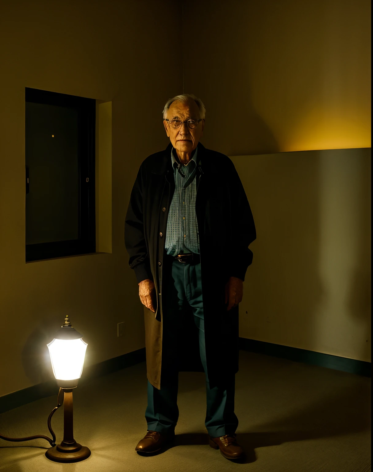 A wise old man standing in front, illuminated by the light of a lamp, tendo como pano de fundo uma biblioteca