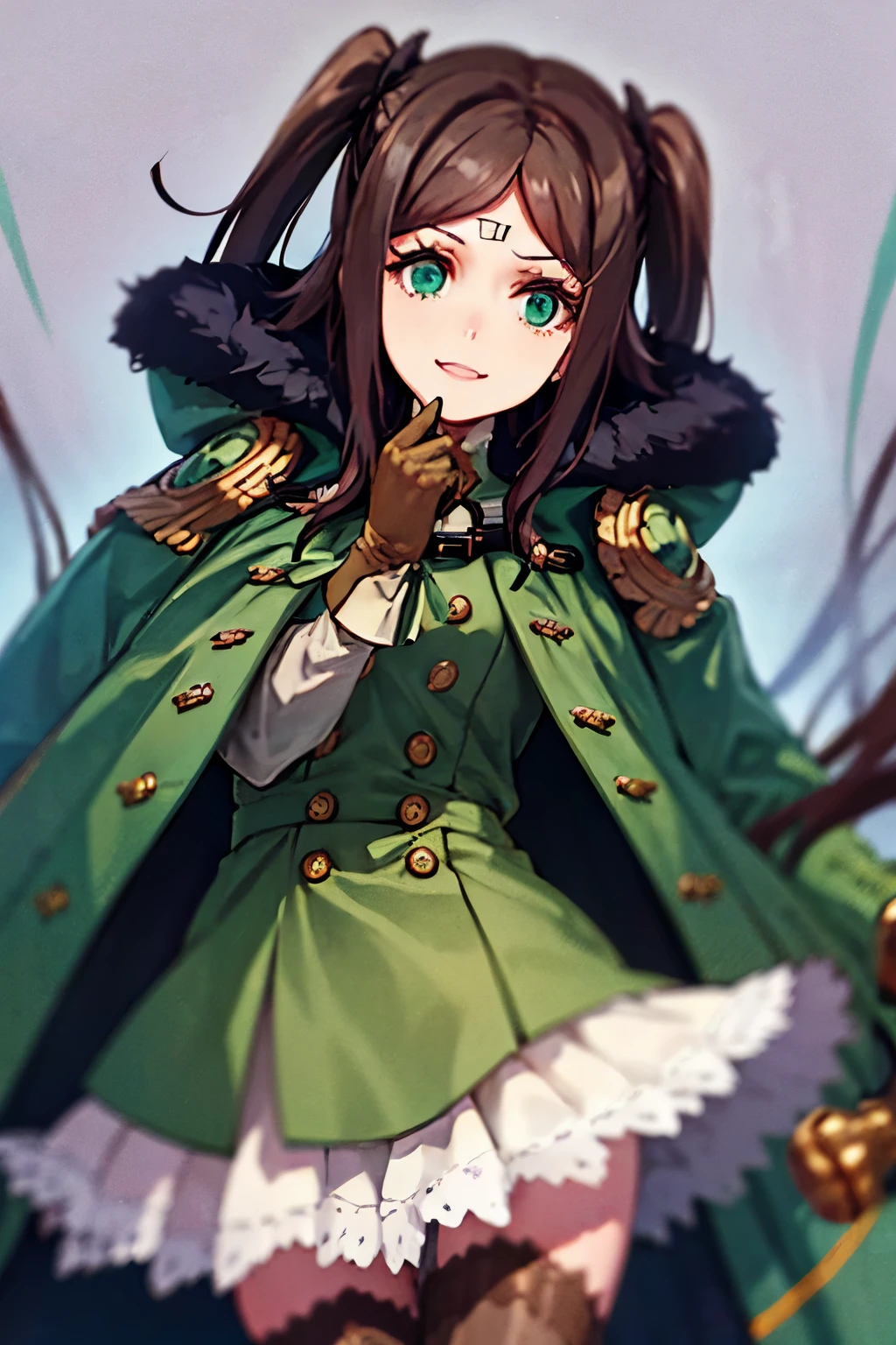 (8k, RAW photo, best quality), ultra-detailed, 1girl, solo, :D, RETRO ANIME STYLE, black and green,fur coat with fur trim, white,skirt, green,knee socks with black pattern, high boots, hand,right hand,iron glove, brown hair,two braids,on the back of the head, light green eyes, from above,