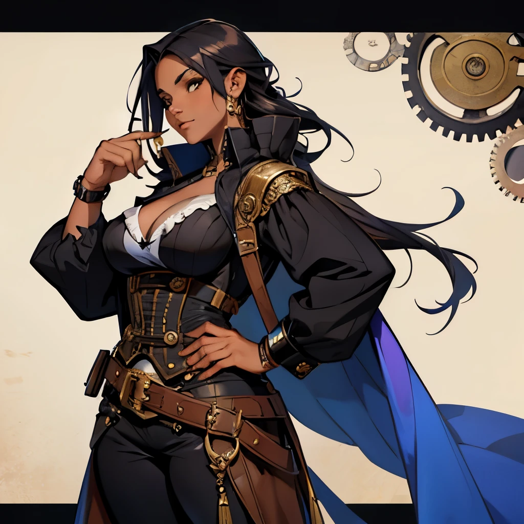 Desing de uma personagem steampunk feminina,de pele parda,de cabelo preto liso e longo 
