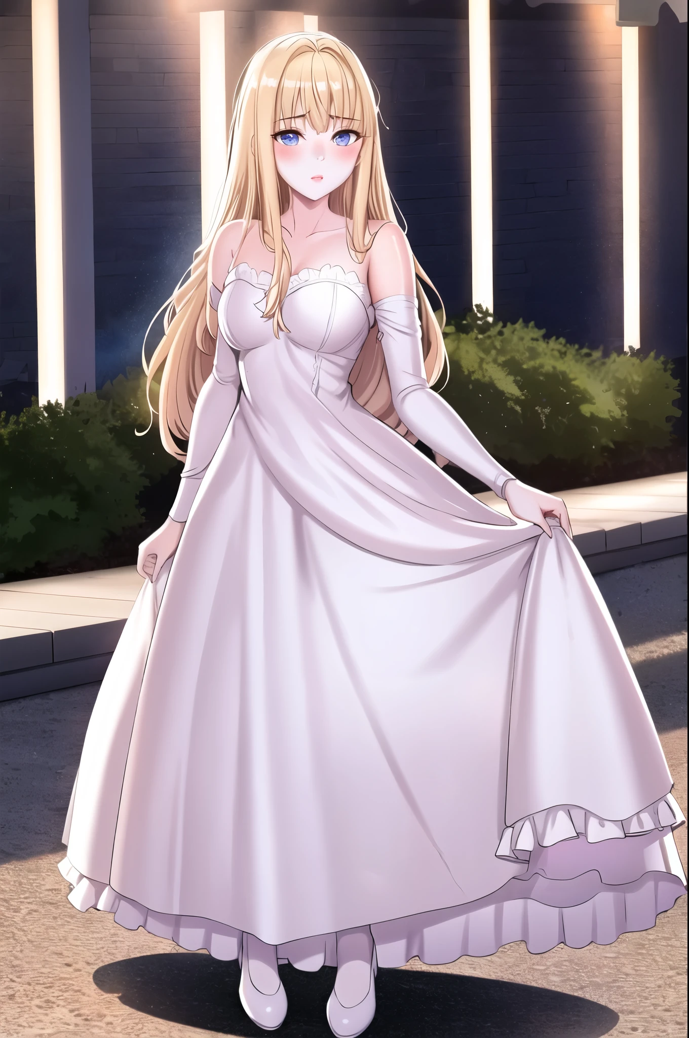 An extremely insanely cute pretty beautiful girl with otherworldly beauty and extremely lush fair white glowing skin and bright blue eyes, age 15, wearing a full body covering white dress, slight long shiny long gold blonde hair, and plain expression on her face. blush pink cheeks.