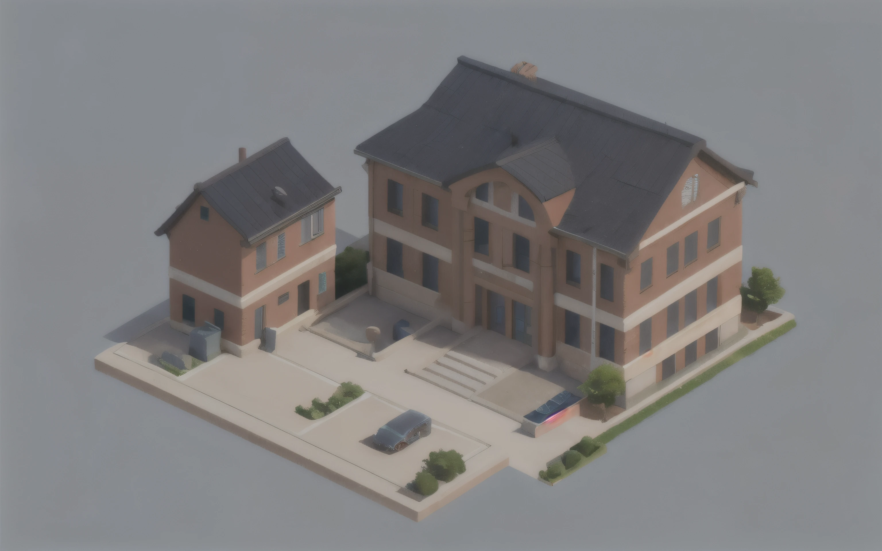 Isometric, overlooking 45 degrees, school, single building, gray background, concept art, Octane rendering
