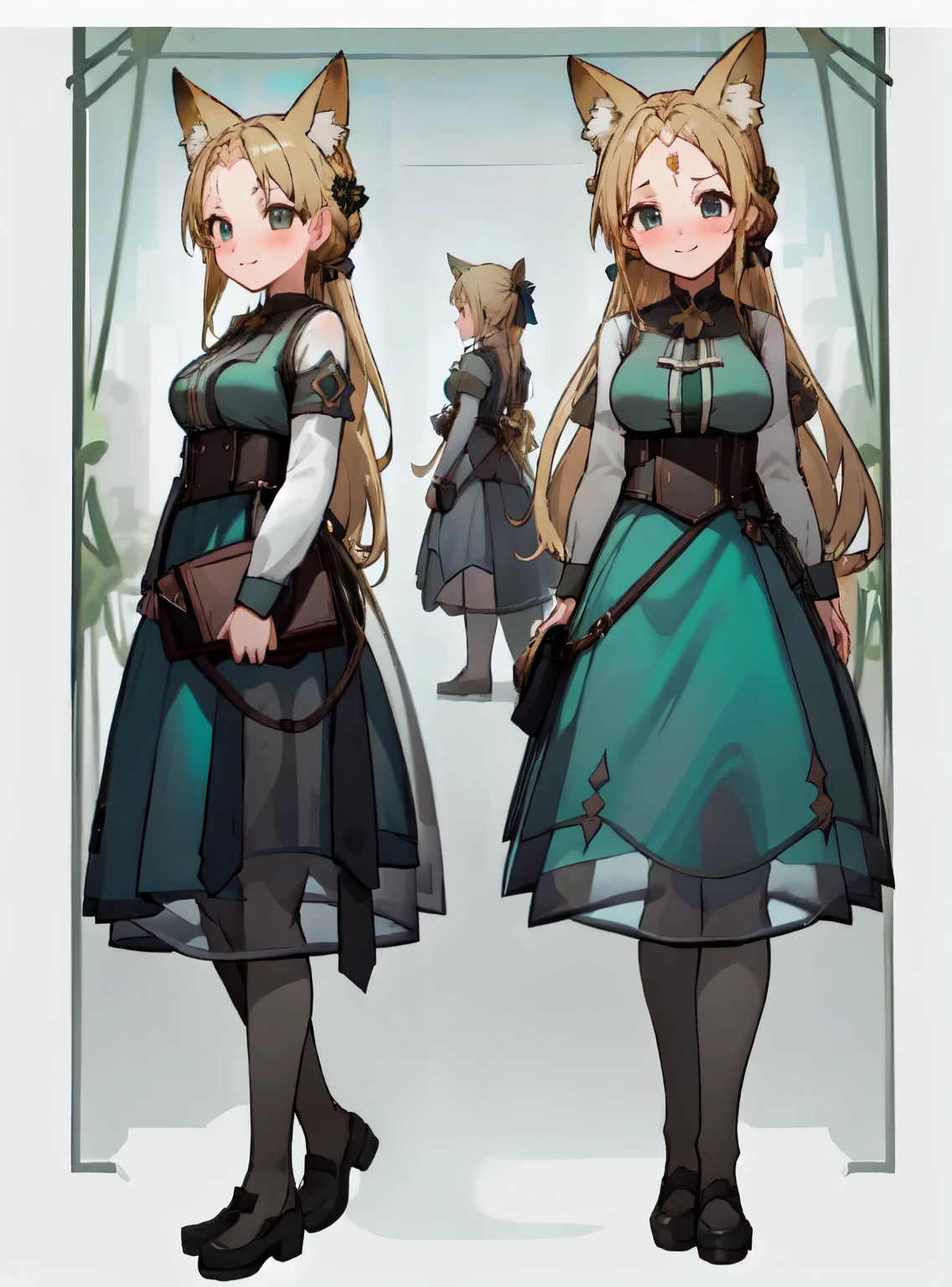 masterpiece: 1.6, highest quality: 1.4, live video: 1.2, intricate details: 1.2, ++, 1 girl, alone, ((blonde)), long hair, french braid, single ~ sidelock, Forehead: 1.5, fox ears, deep blue eyes, bright eyes, big breasts, green adventurer clothes, light clothing, pochette, ++, full body shot, multiple views, front, return, ~ side, Performance, ((Character setting material collection, Same character in different poses, character reversal: 1.5, multiple views)), (transparent returnground, gray returnground:1.5), arms behind return, portrait, Happy, Are crying, Get angry, smile
