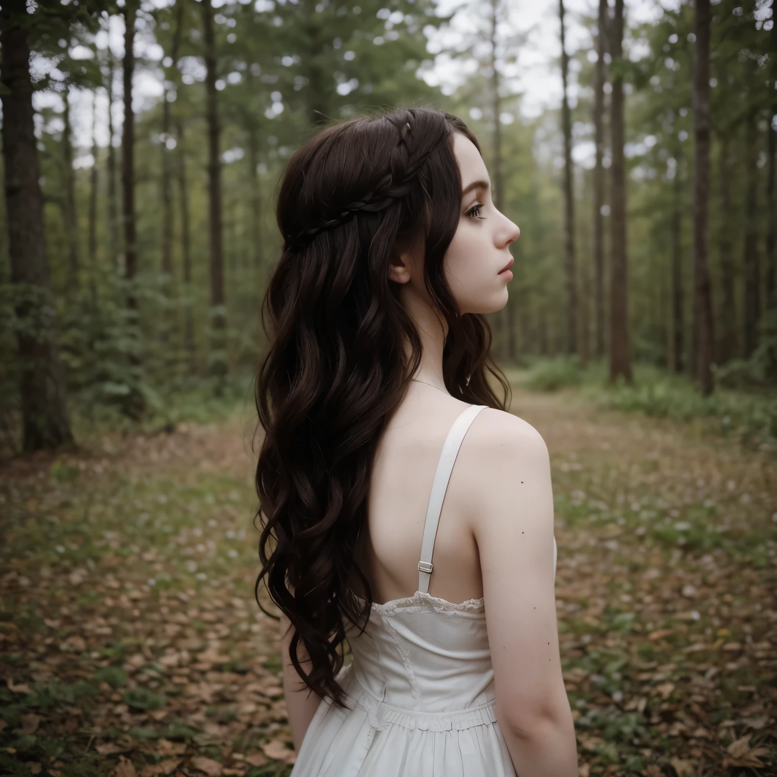 Sophia Lillis, teen, goth makeup, pale skin, long wavy hair, seen from behind 