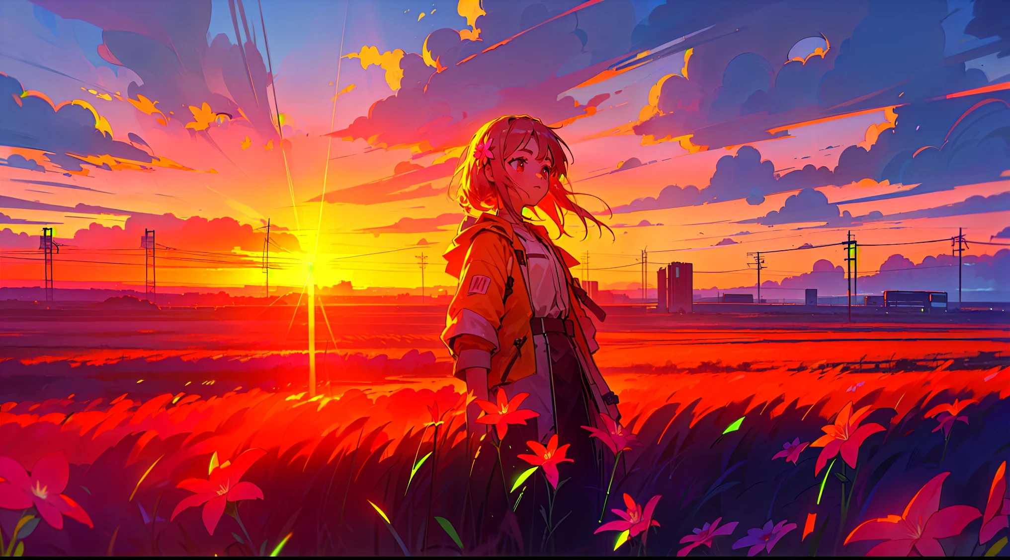 girl in field, (((field of neon flowerid shot, portrait, clouds, sunrise